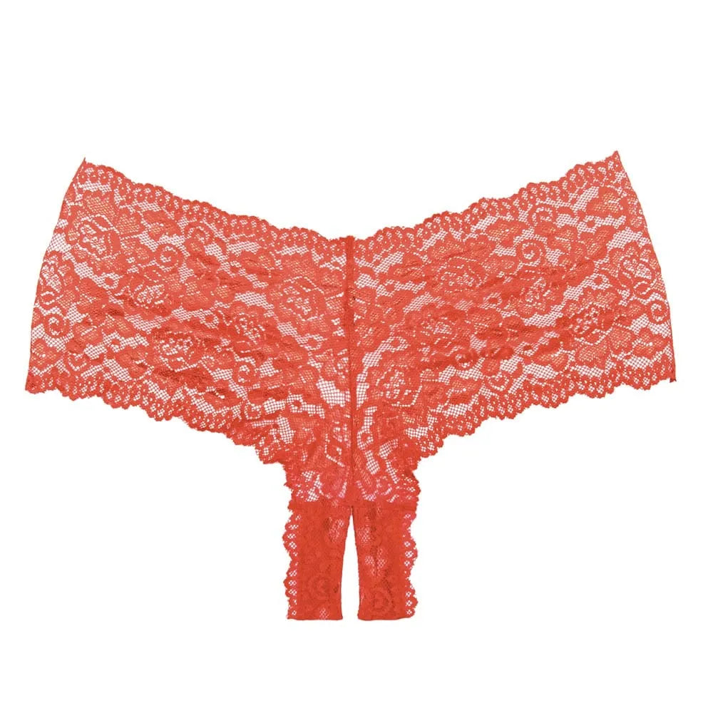 Culotte Tanga en dentelle rouge avec ouverture à l'entrejambe, design séduisant et élégant, 100% polyester.