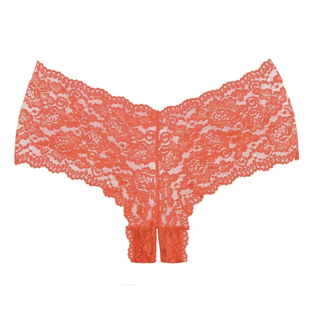 Culotte Tanga en dentelle rouge avec ouverture à l'entrejambe, style séduisant et classique, 100% polyester.