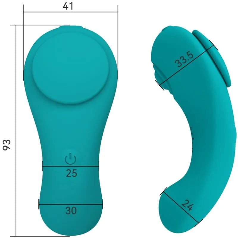 Culotte vibrante turquoise en silicone, étanche, ergonomique, avec dimensions et boutons visibles, 4 modes, 3 vitesses.