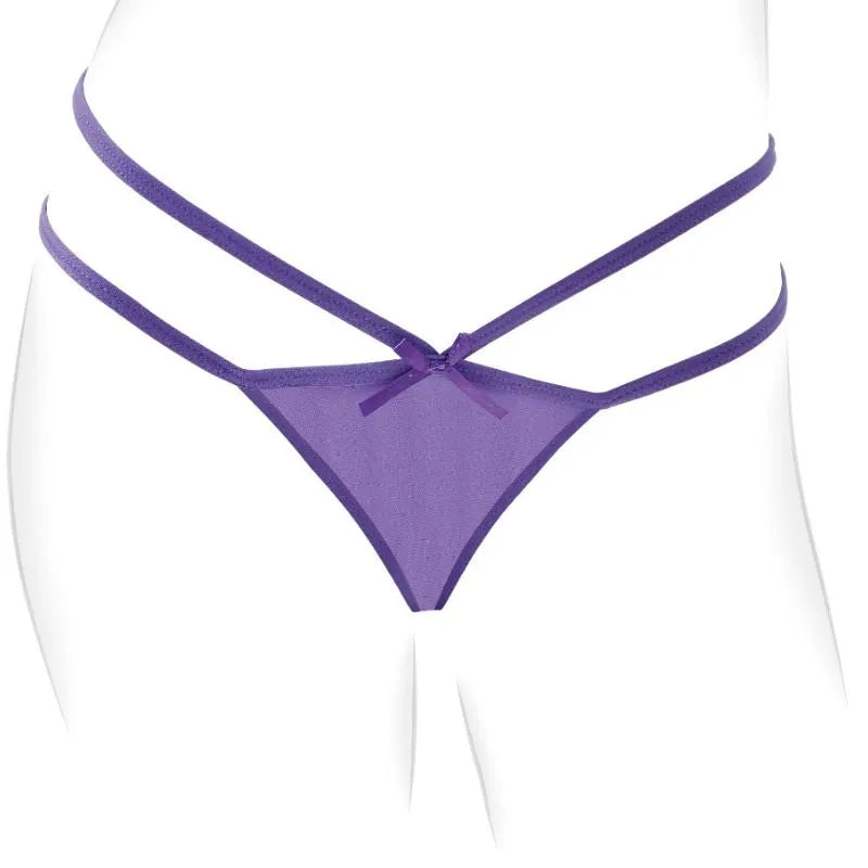 Culotte vibrante violette avec télécommande, design transparent et élégant, masseur intégré, confort et sensualité.