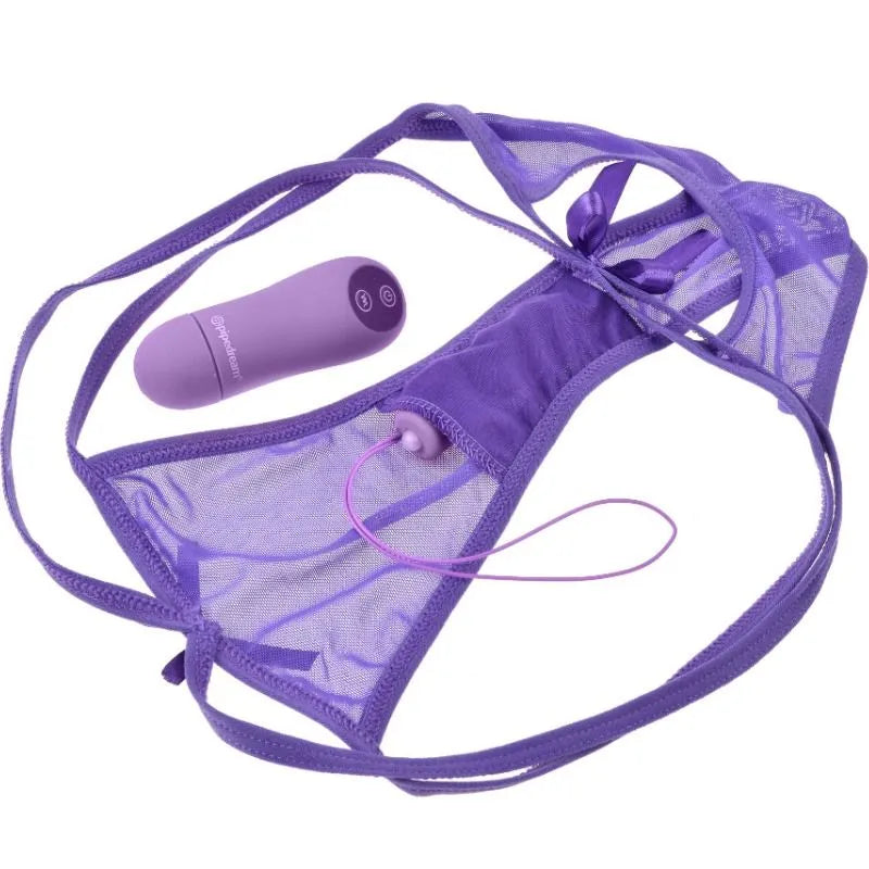 Culotte violette transparente avec masseur intégré et télécommande, design sensuel et confortable pour expériences intimes.