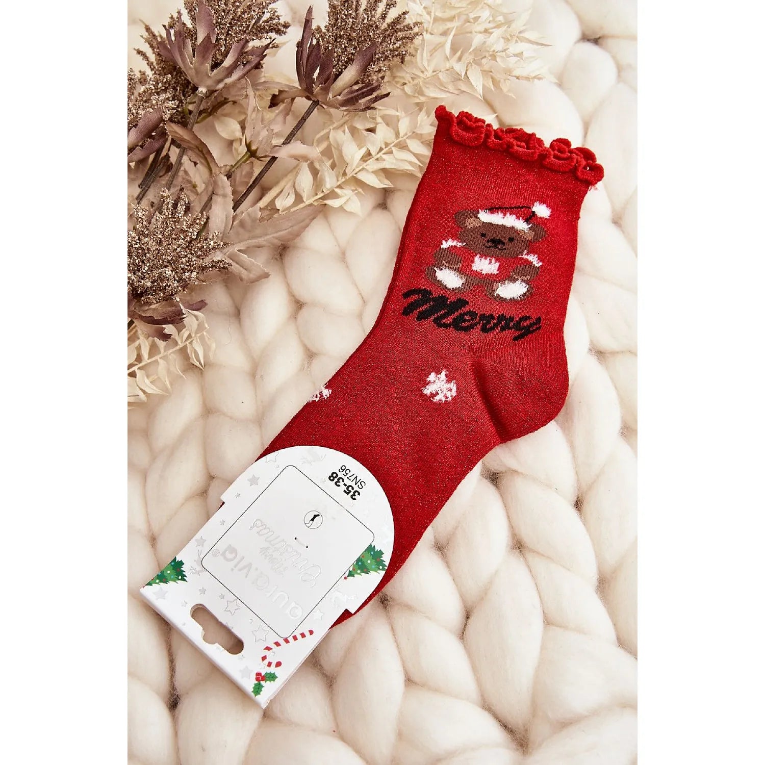 Chaussettes rouges de Noël pailletées en coton pour dames, motif ours et Merry, accessoire festif élégant modèle 190402.