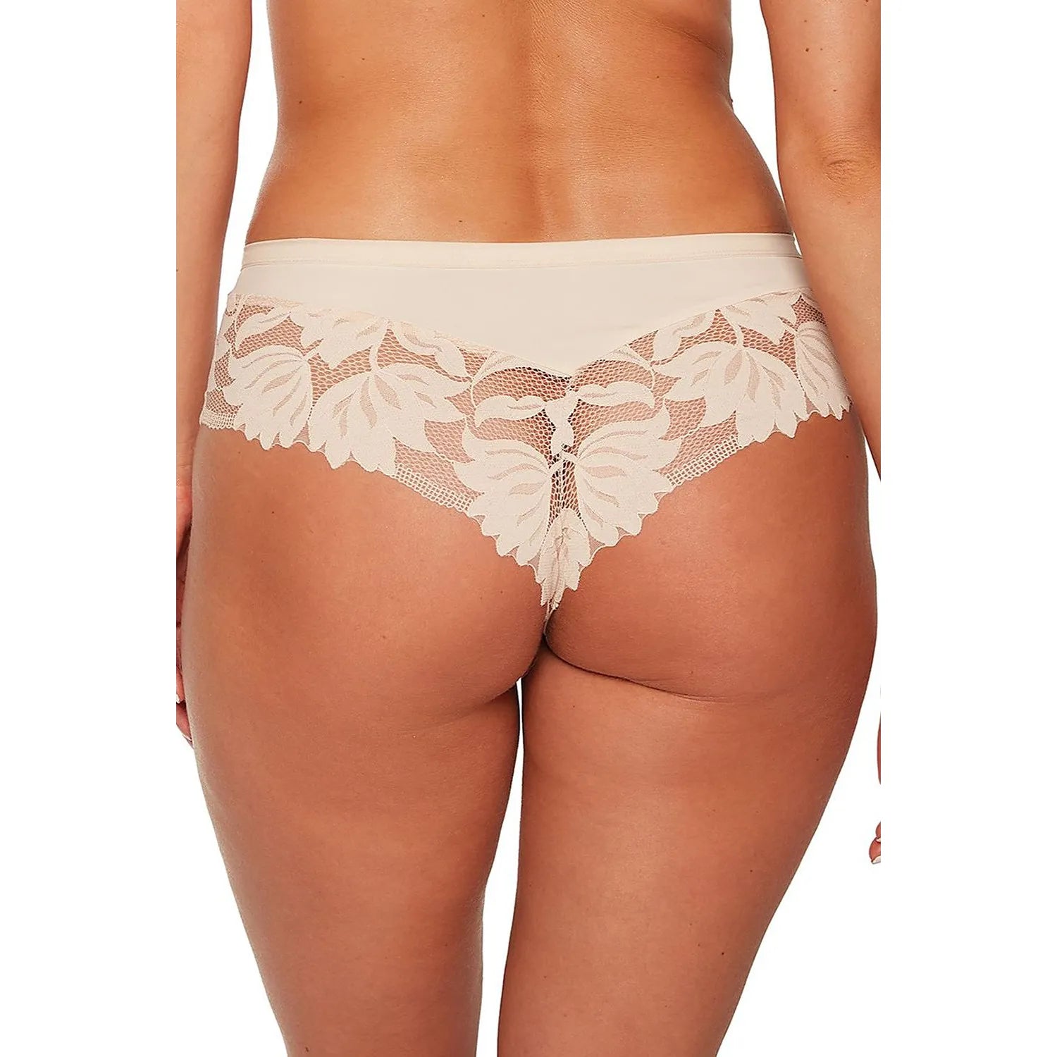 Culotte brésilienne beige en dentelle florale avec insert lisse, taille L, élégante et confortable pour femme.
