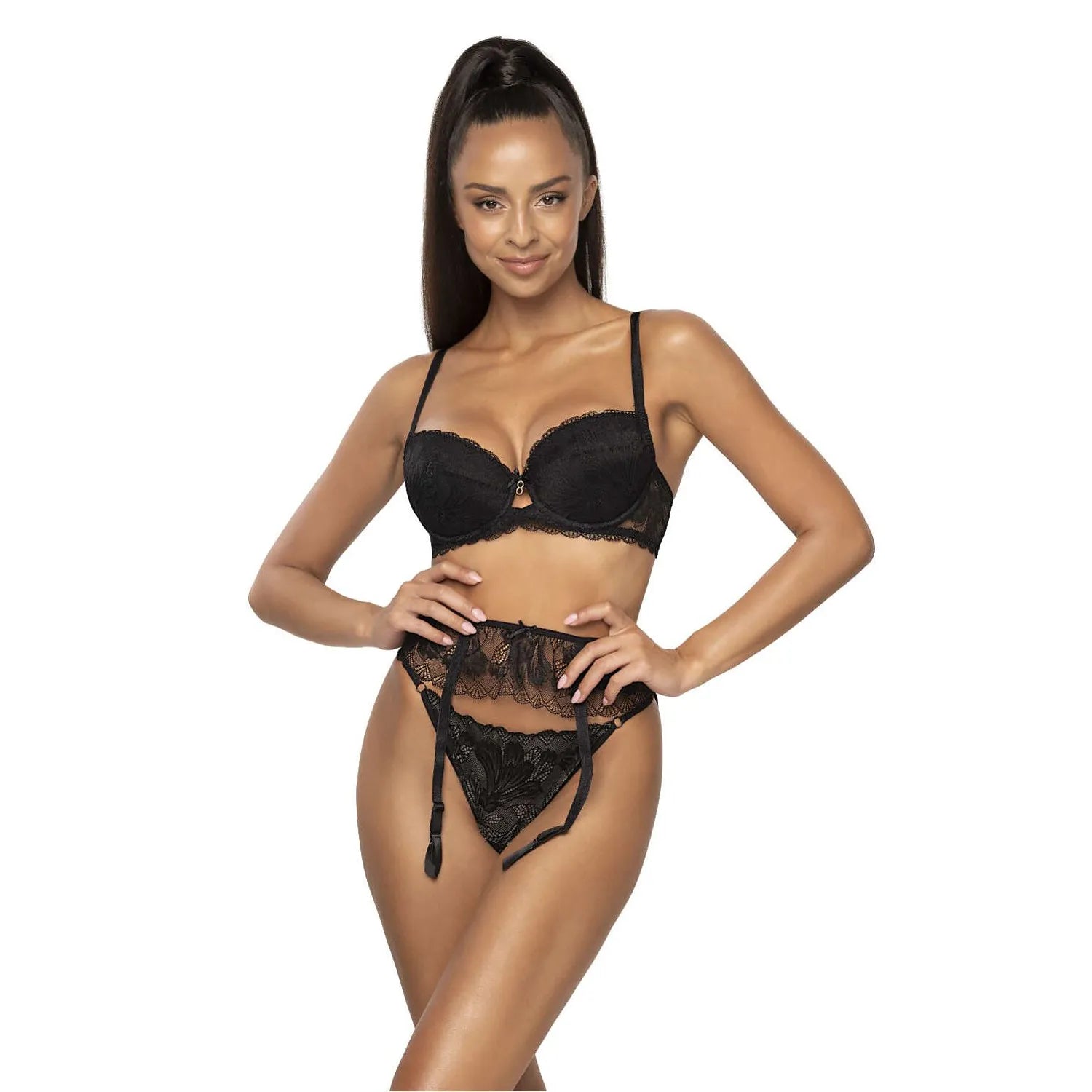 Porte-jarretelles sexy en dentelle noire avec fermeture auto-agrippante, tailles 36 à 44, modèle 204212 Mat.