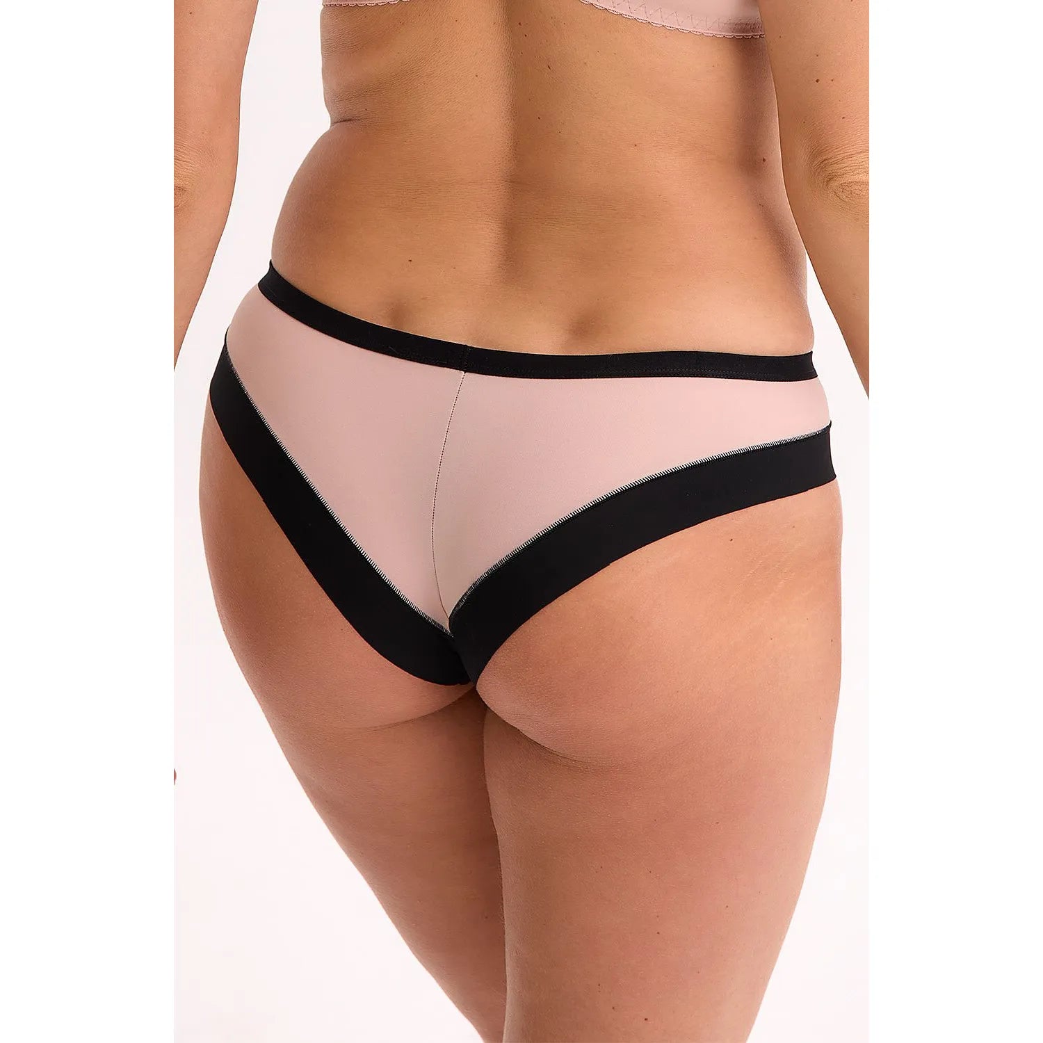 Culotte brésilienne rose et noire, coupe laser, dos échancré, bande élastique à la taille, ajustement invisible.