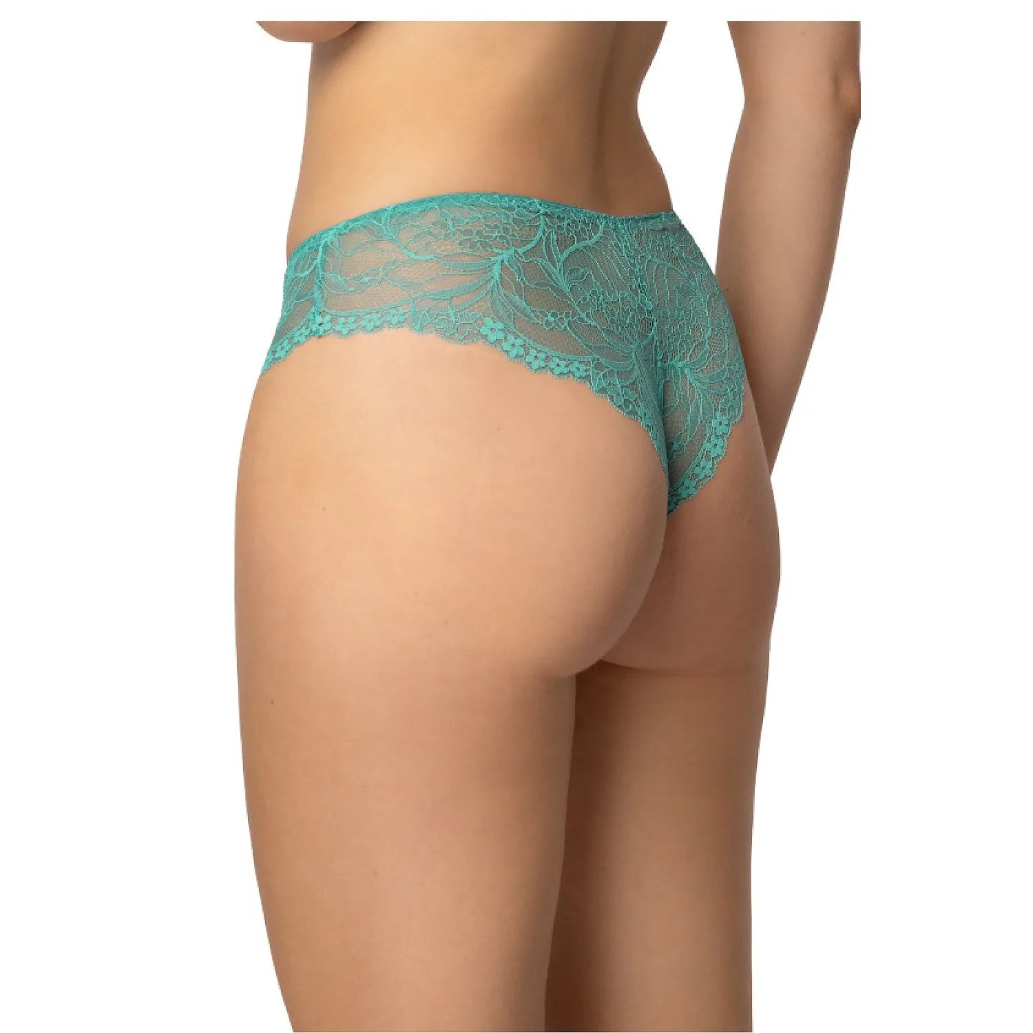 Culotte brésilienne turquoise en dentelle délicate, coupe sensuelle, confort optimal, met en valeur les formes féminines.