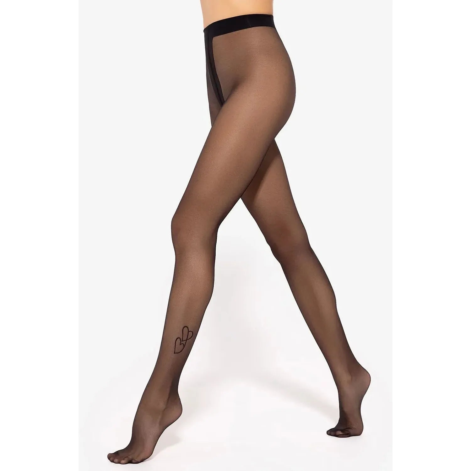 Collants noirs Gatta avec motif deux cœurs sur le mollet, taille haute, ajustement parfait, style féminin et délicat.
