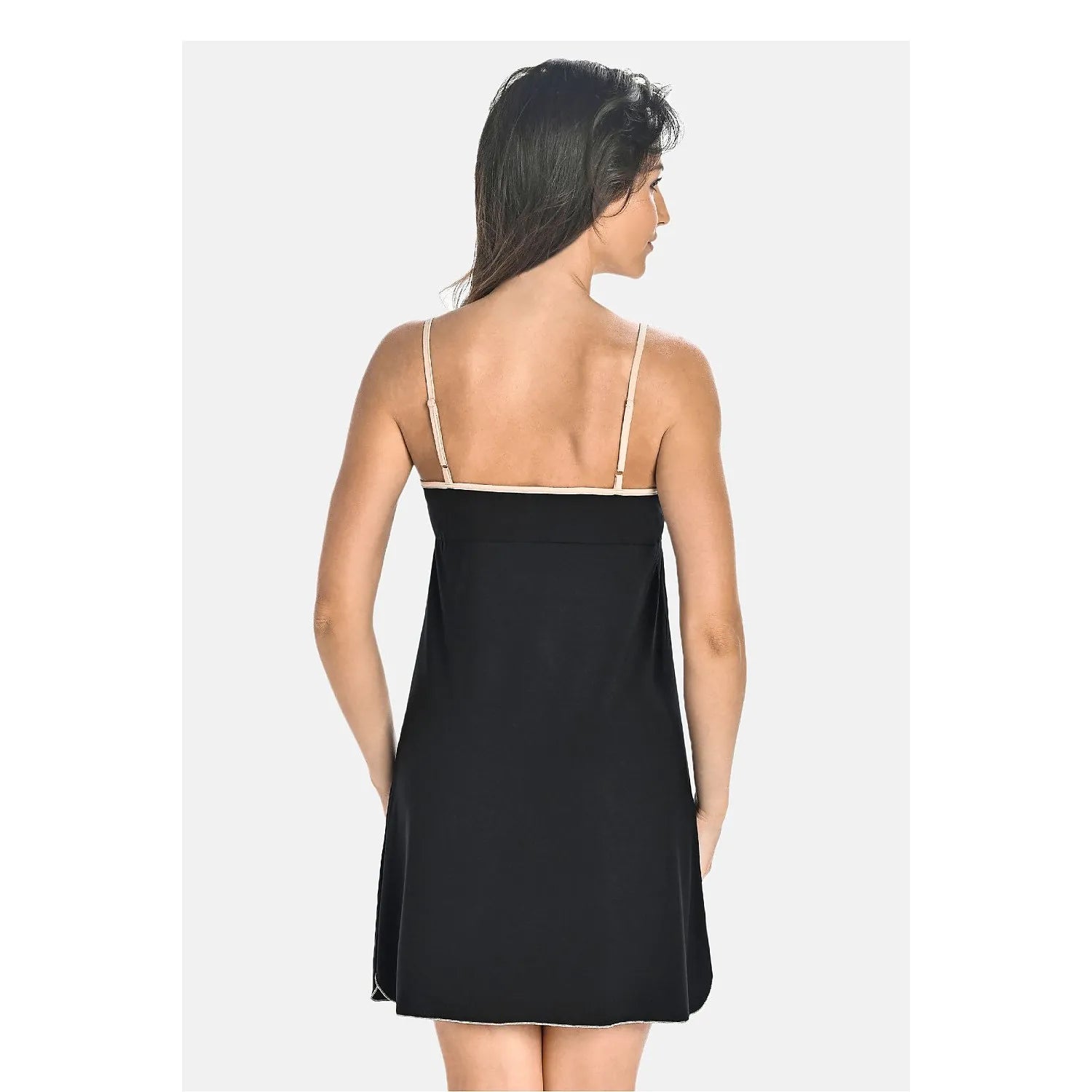 Chemise de nuit noire Teyli, bretelles réglables, bordure écru, longueur mi-cuisse, fentes latérales, nœuds délicats.