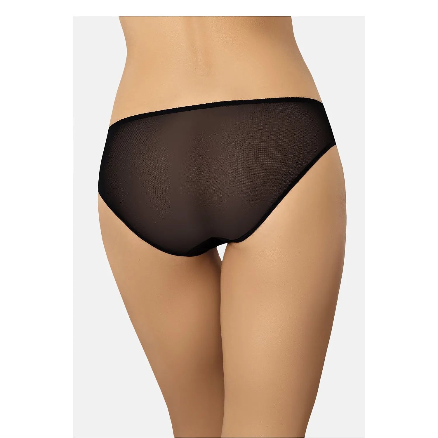 Culottes noires en filet transparent avec dentelle élégante, couvrant les fesses, finitions élastiques confortables.