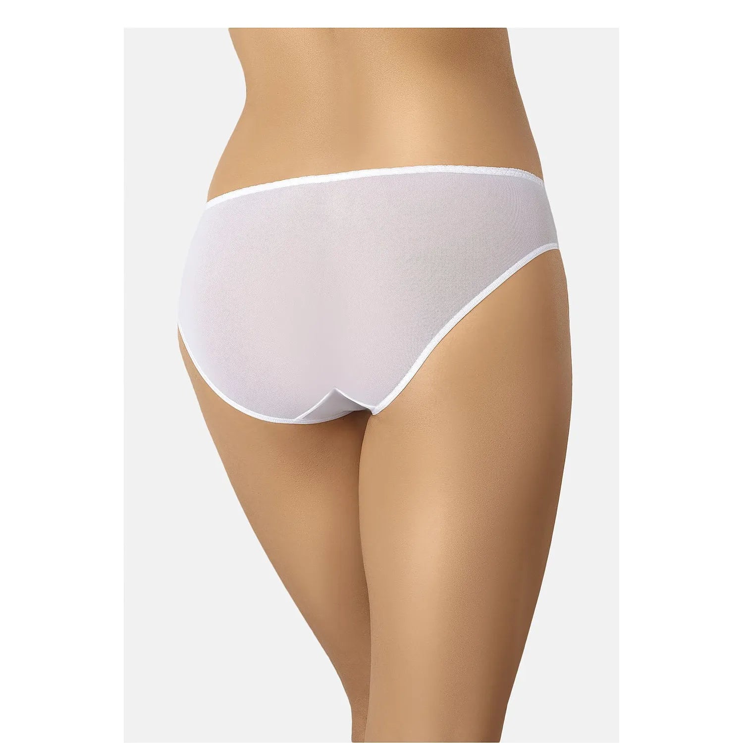 Culotte blanche classique femme, maille transparente, dentelle élégante, coutures élastiques, confort optimal.