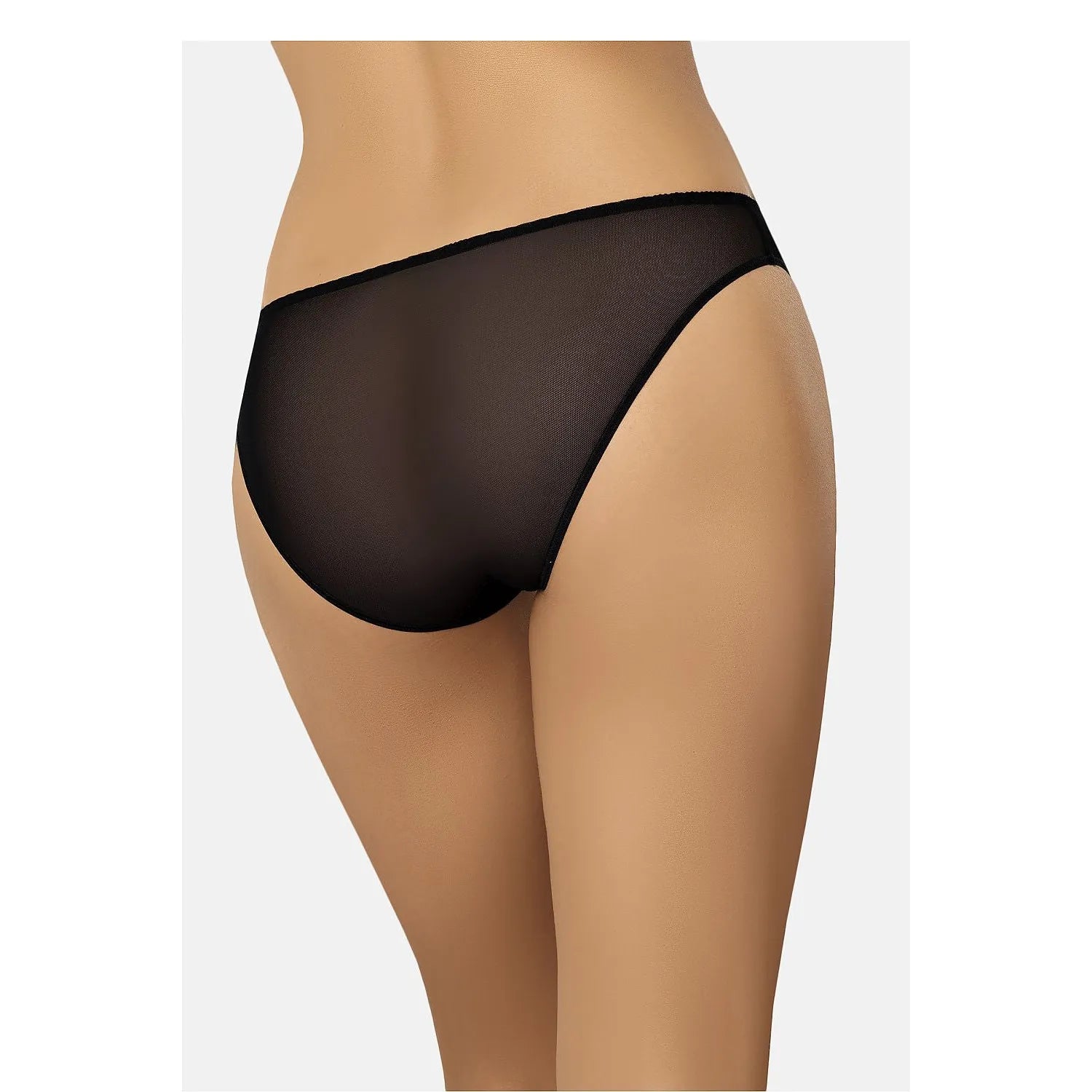 Culotte noire Teyli 220178 en maille transparente avec dentelle florale, taille basse, couvrant les fesses élégamment.