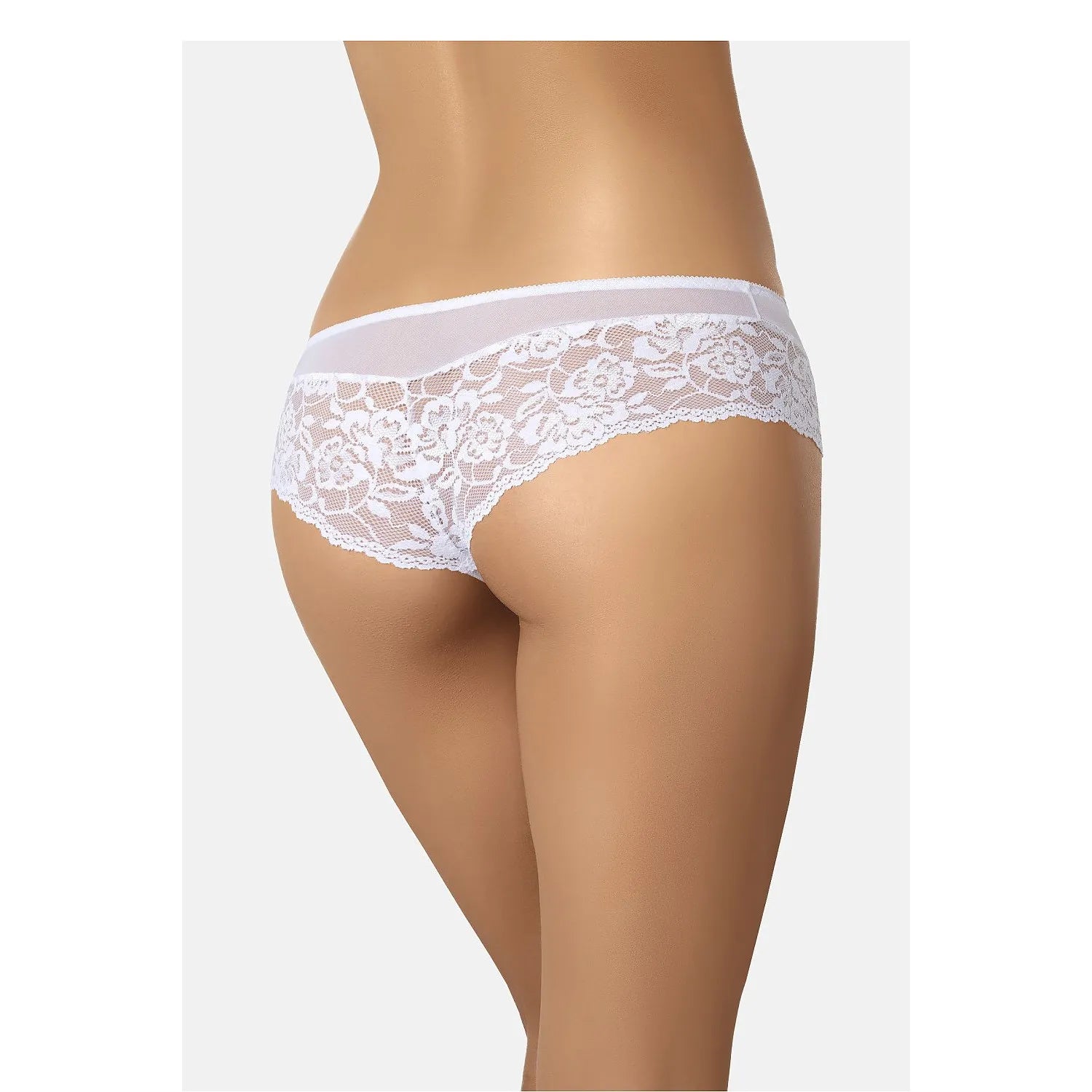 Culottes brésiliennes blanches en dentelle florale, dos en dentelle et maille, coupe élégante et sculptante.