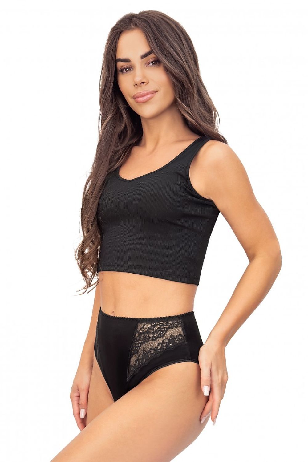 Culottes noires taille haute avec dentelle, design élégant et féminin, confort optimal, modèle 220845 Donna.