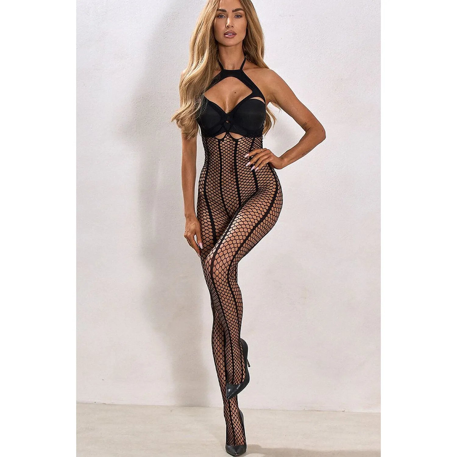 Body femme noir audacieux maille élastique décolleté ouvert soirée sexy