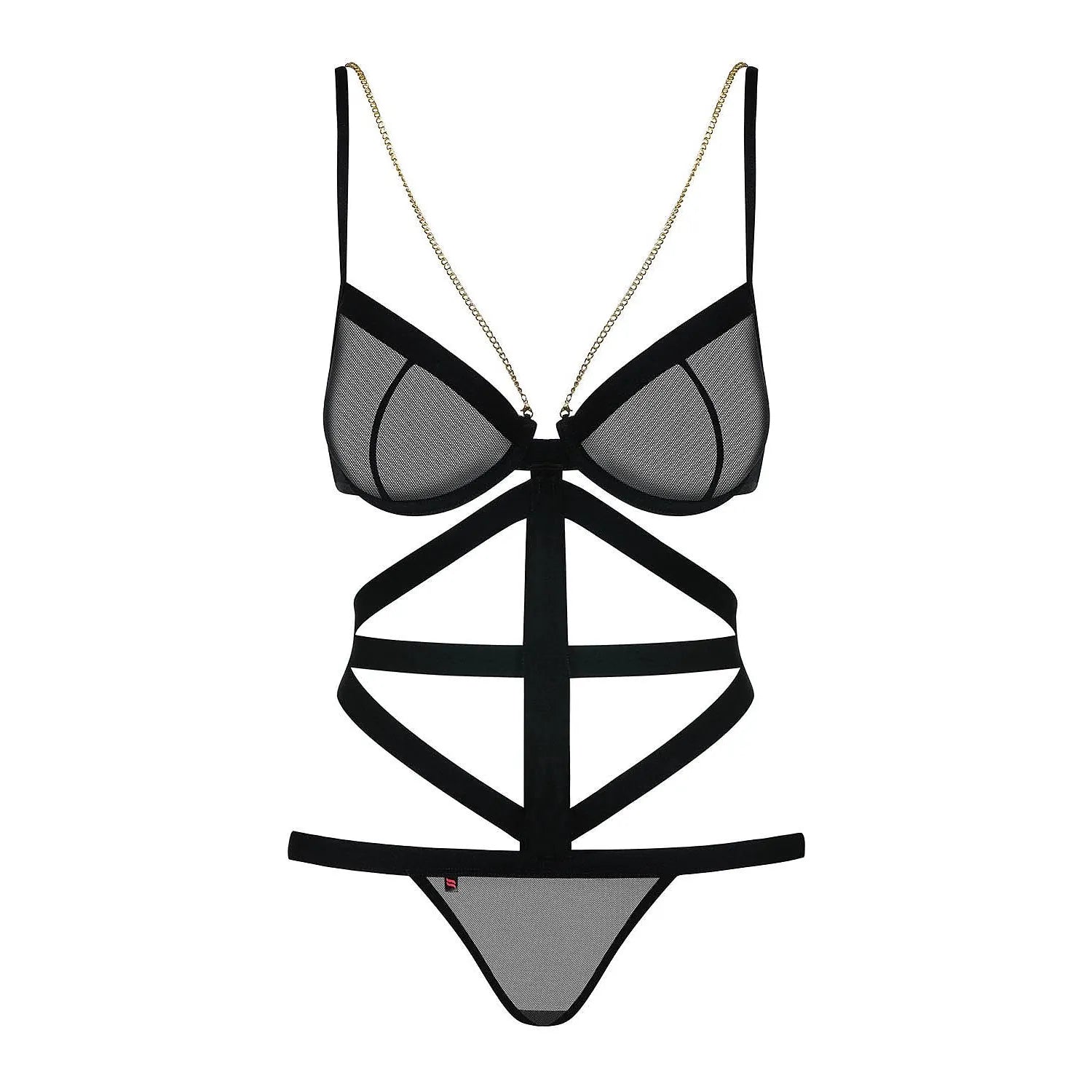 Body sexy noir avec bandes caoutchouc, maille transparente et chaînes dorées ajustables, modèle Obsessive 49137.