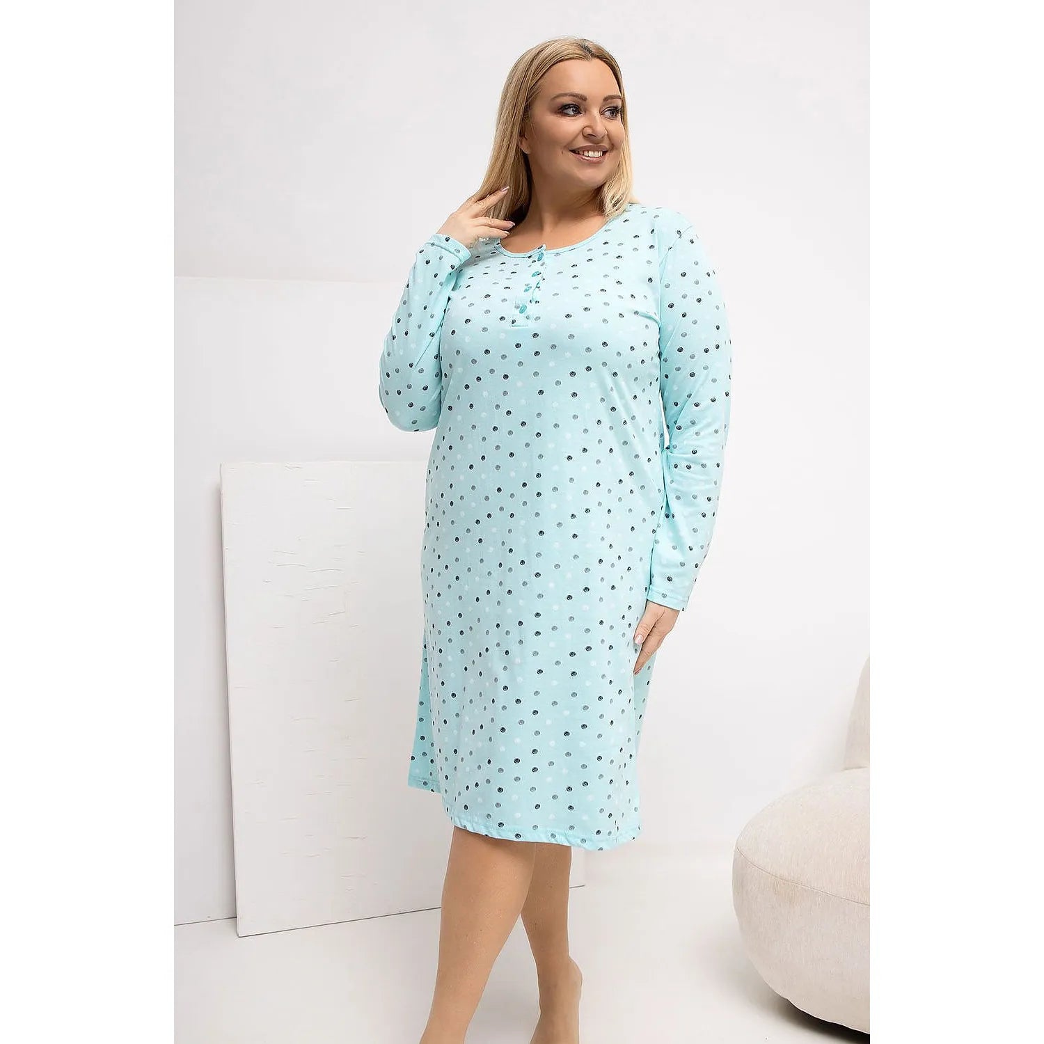 Chemise de nuit grande taille pois coton manches longues élégante féminine