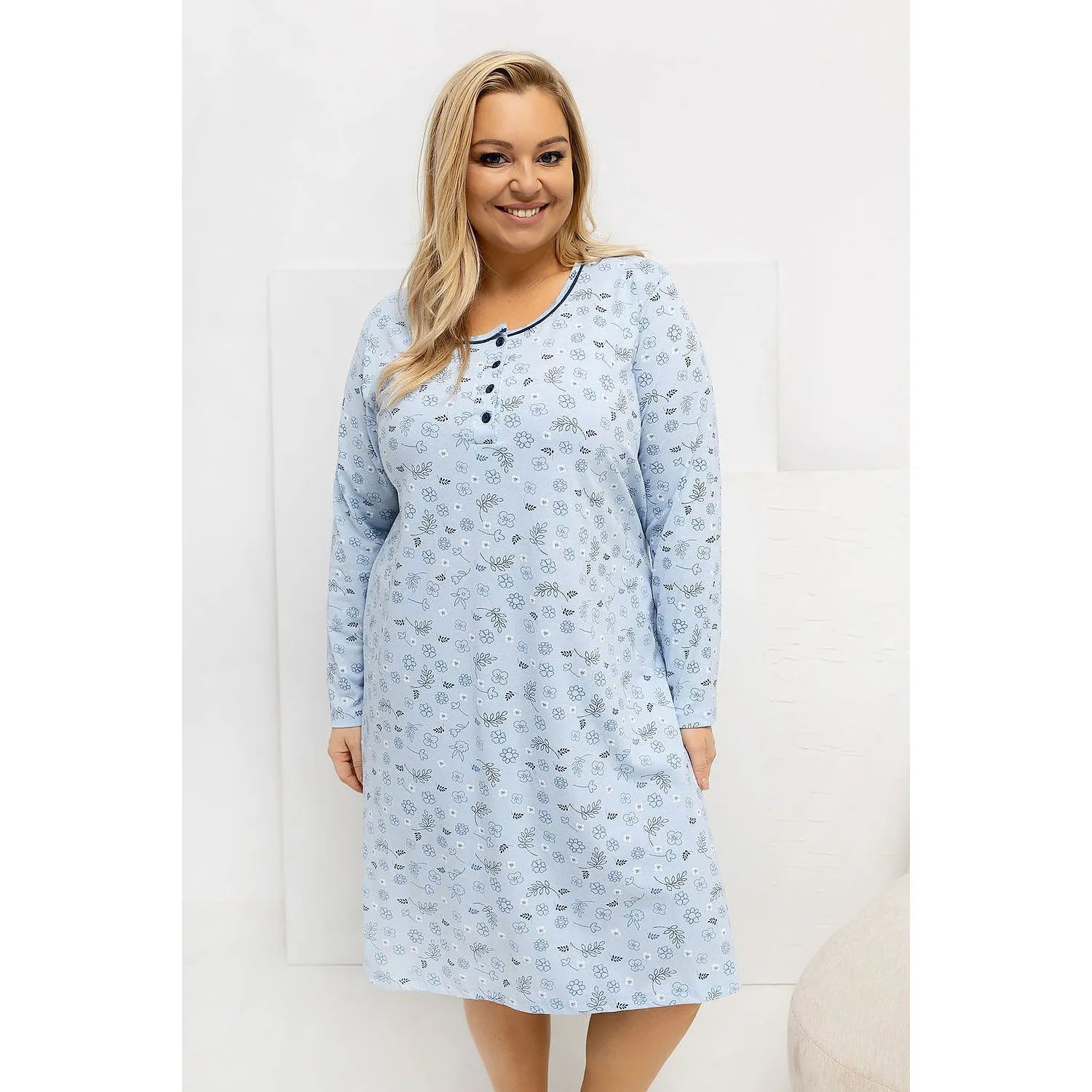 Chemise de nuit grande taille coton doux fleurs manches longues 2XL-4XL