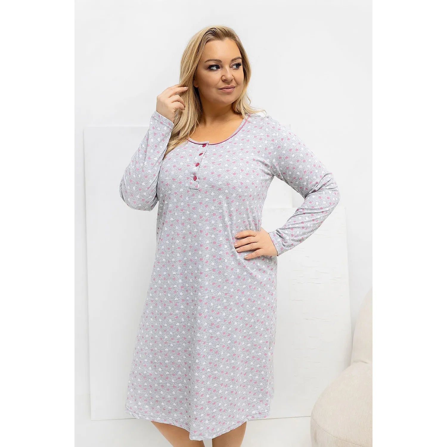 Chemise de nuit grande taille coton doux cœurs manches longues confortable