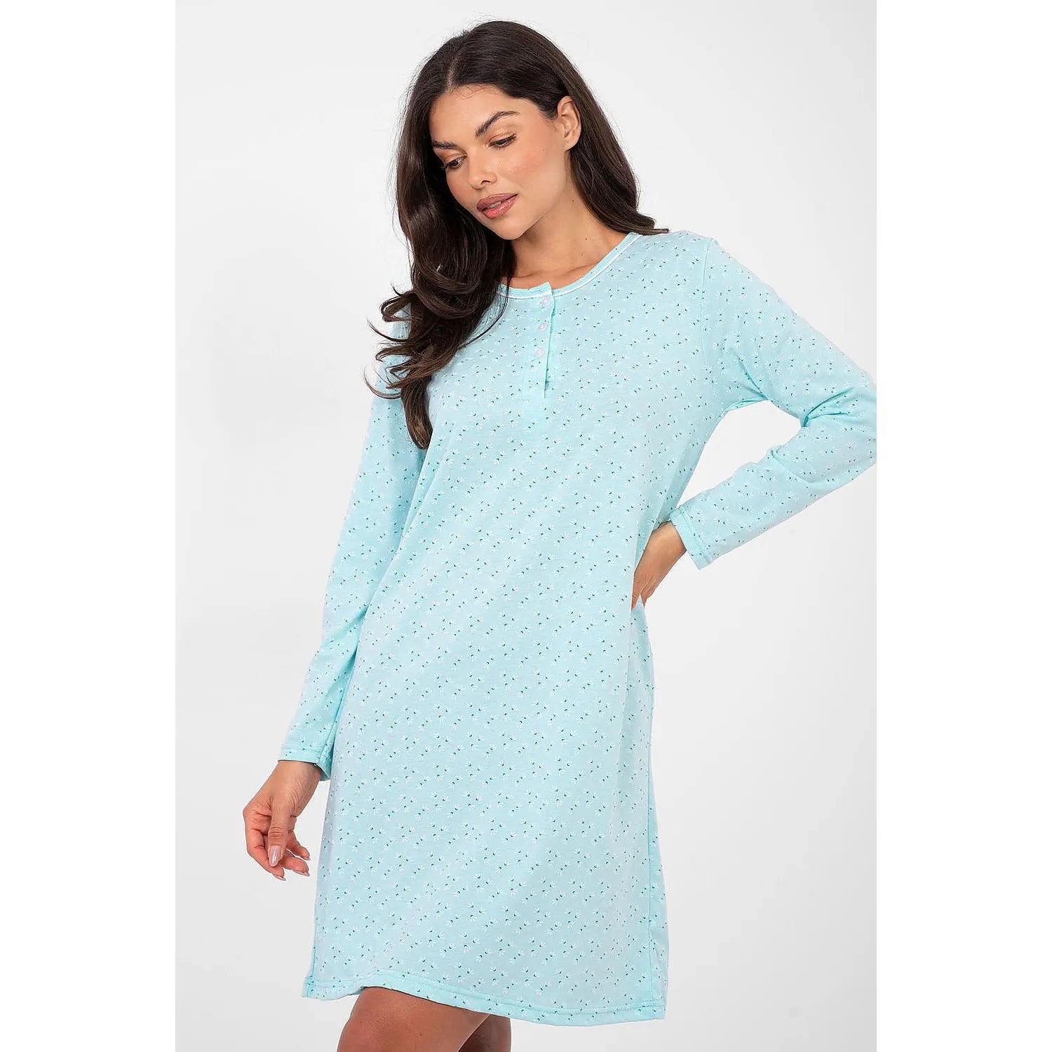 Chemise nuit coton doux manche longue col rond boutons Forever Pink