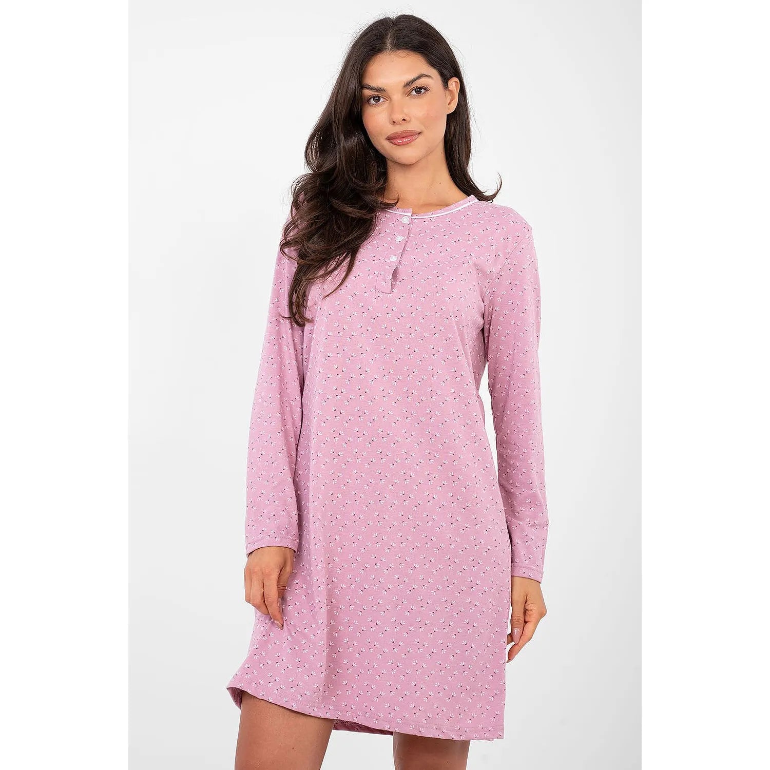 Chemise de nuit coton doux manches longues imprimé subtil Forever Pink