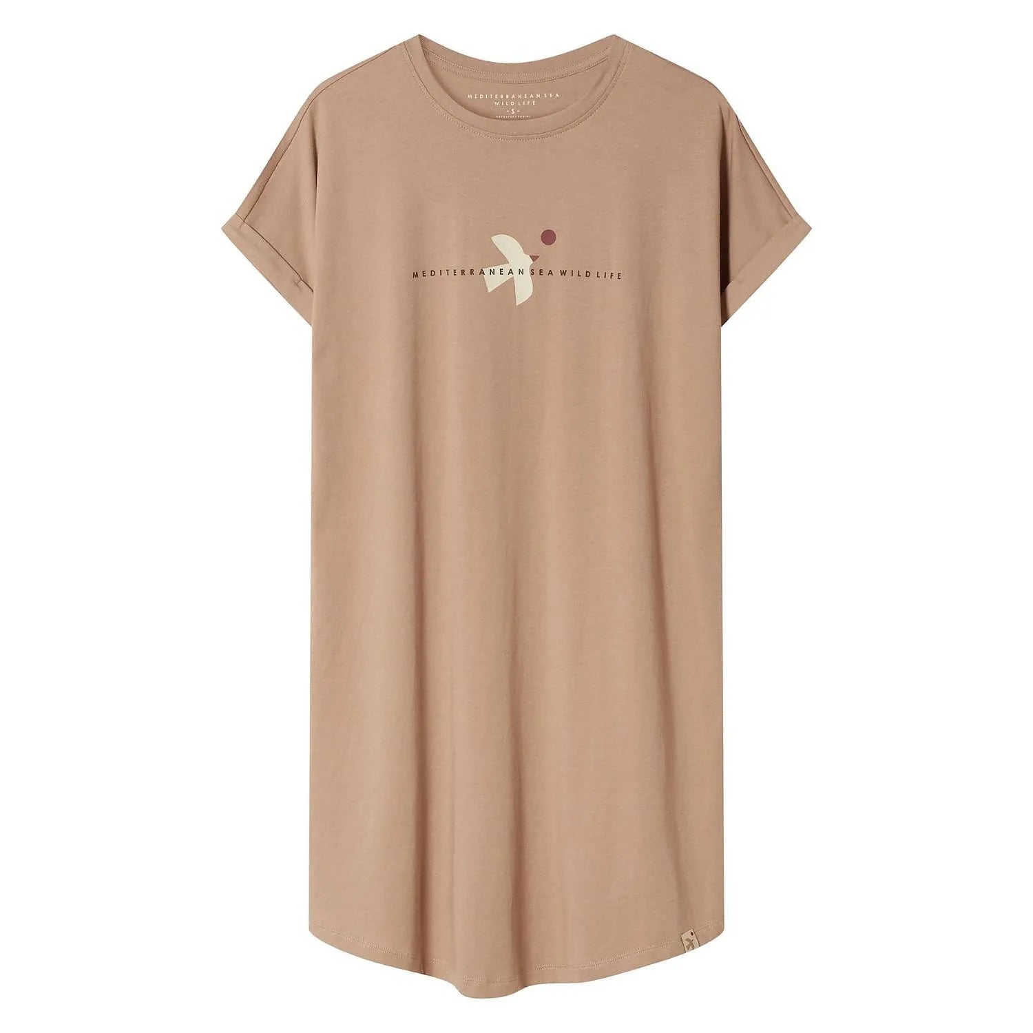 Chemise nuit beige en coton imprimé, col rond, manches courtes, coupe ample, style moderne et confortable.
