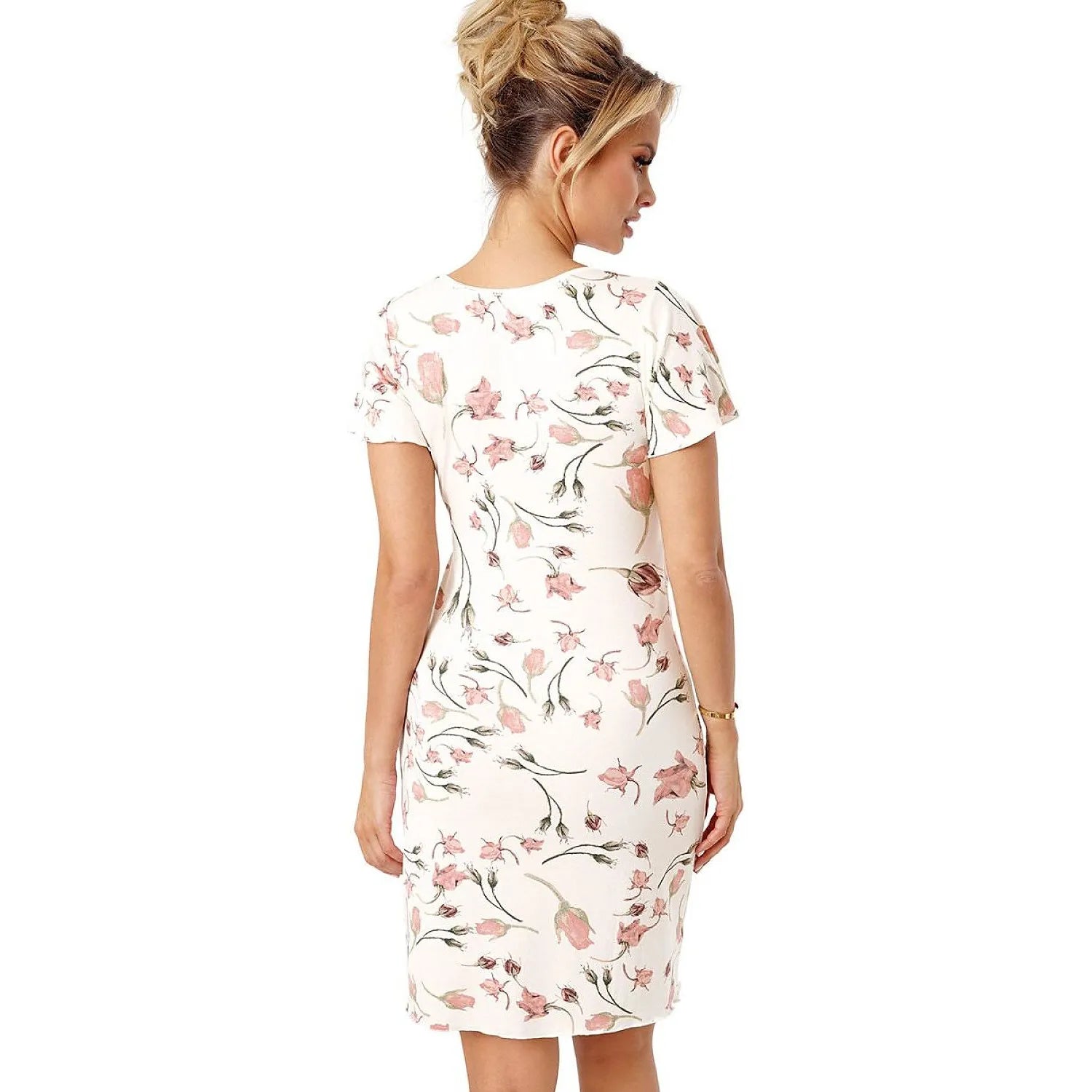 Chemise de nuit viscose fleurie pastel Amaris, manches courtes, motif floral délicat, élégance féminine, vue de dos.