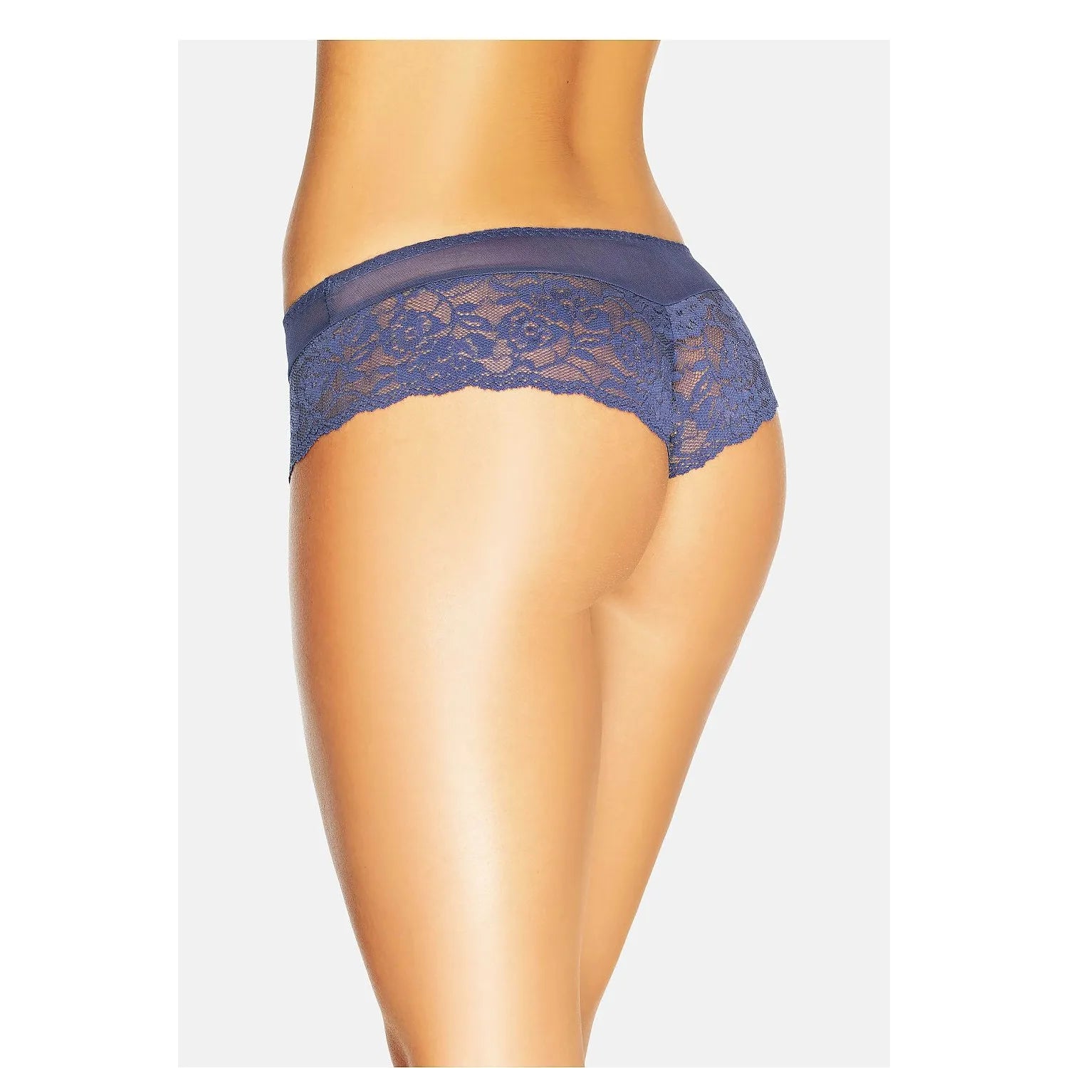 Culottes brésiliennes bleu marine en dentelle florale, dos en dentelle et maille, élégantes et sculptantes.