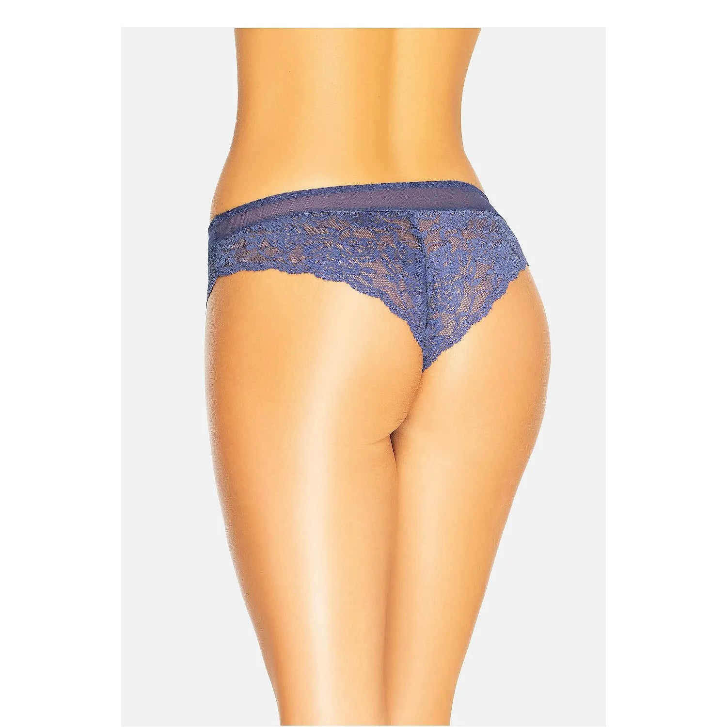 Culotte brésilienne bleu marine en dentelle végétale, filet à la taille, dévoilant élégamment les fesses.