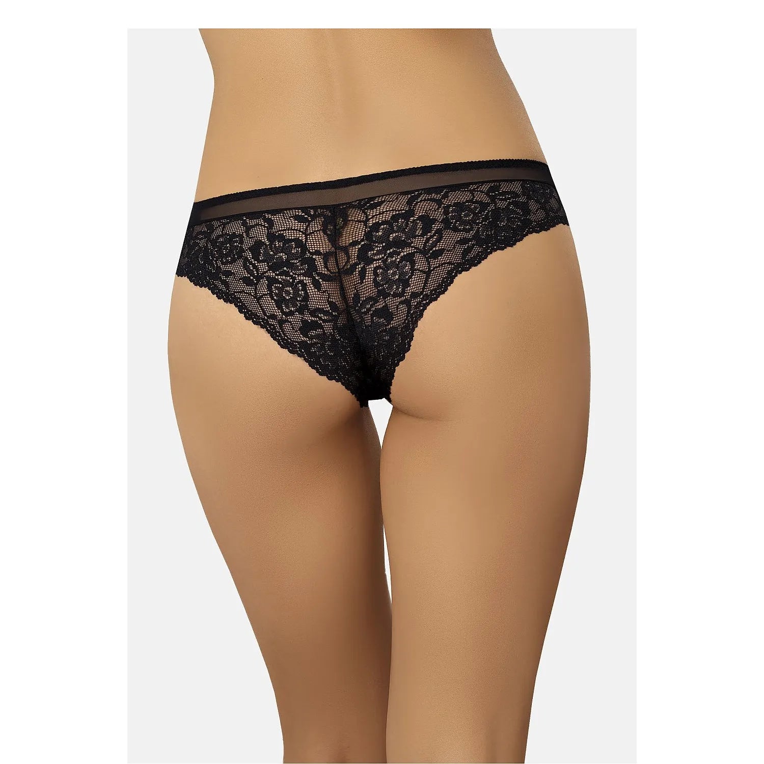 Culottes brésiliennes en dentelle noire avec motif floral, mettant en valeur les fesses, élégantes et confortables.