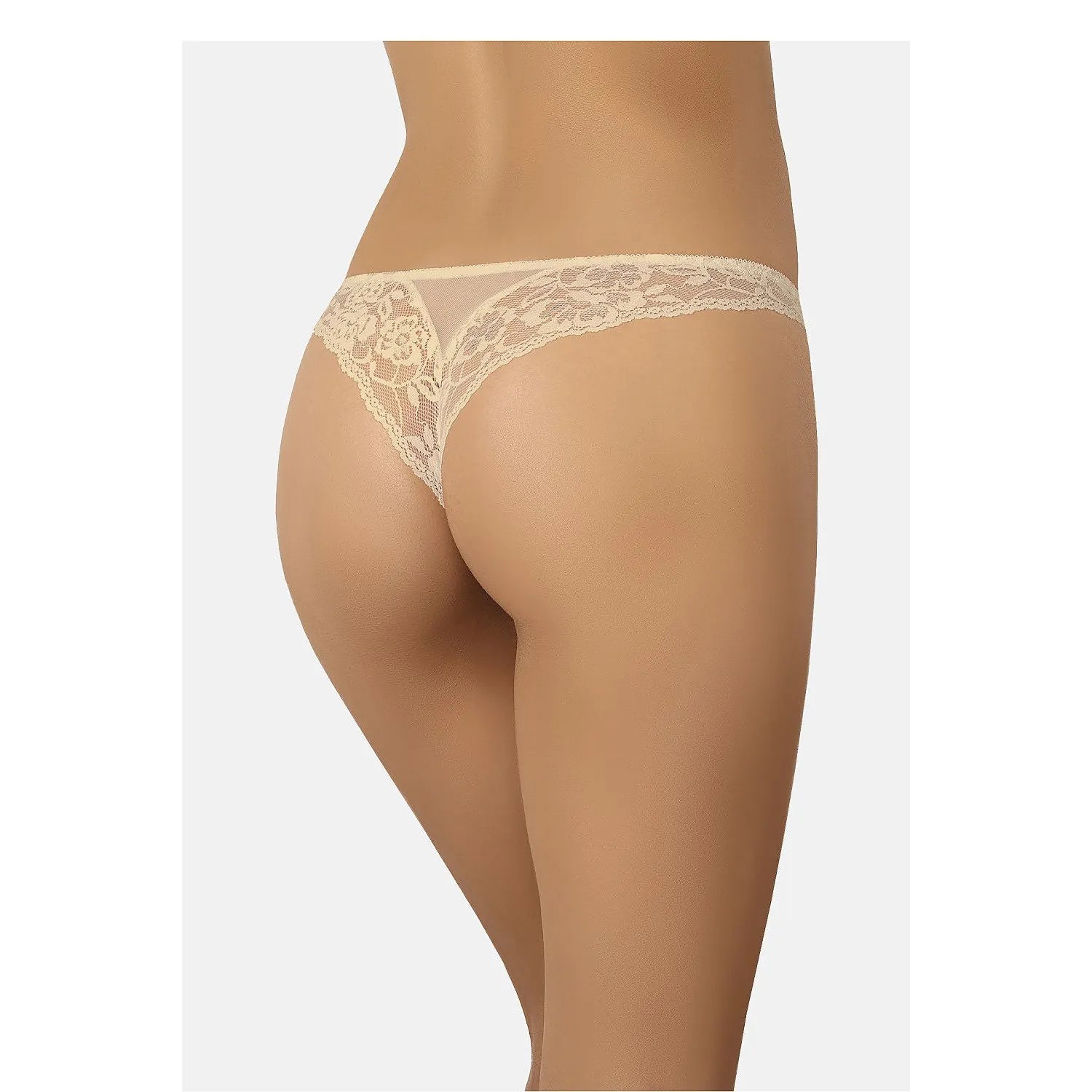 Culottes brésiliennes beige en maille fine avec dentelle florale à l'arrière, bordures élastiques délicates.