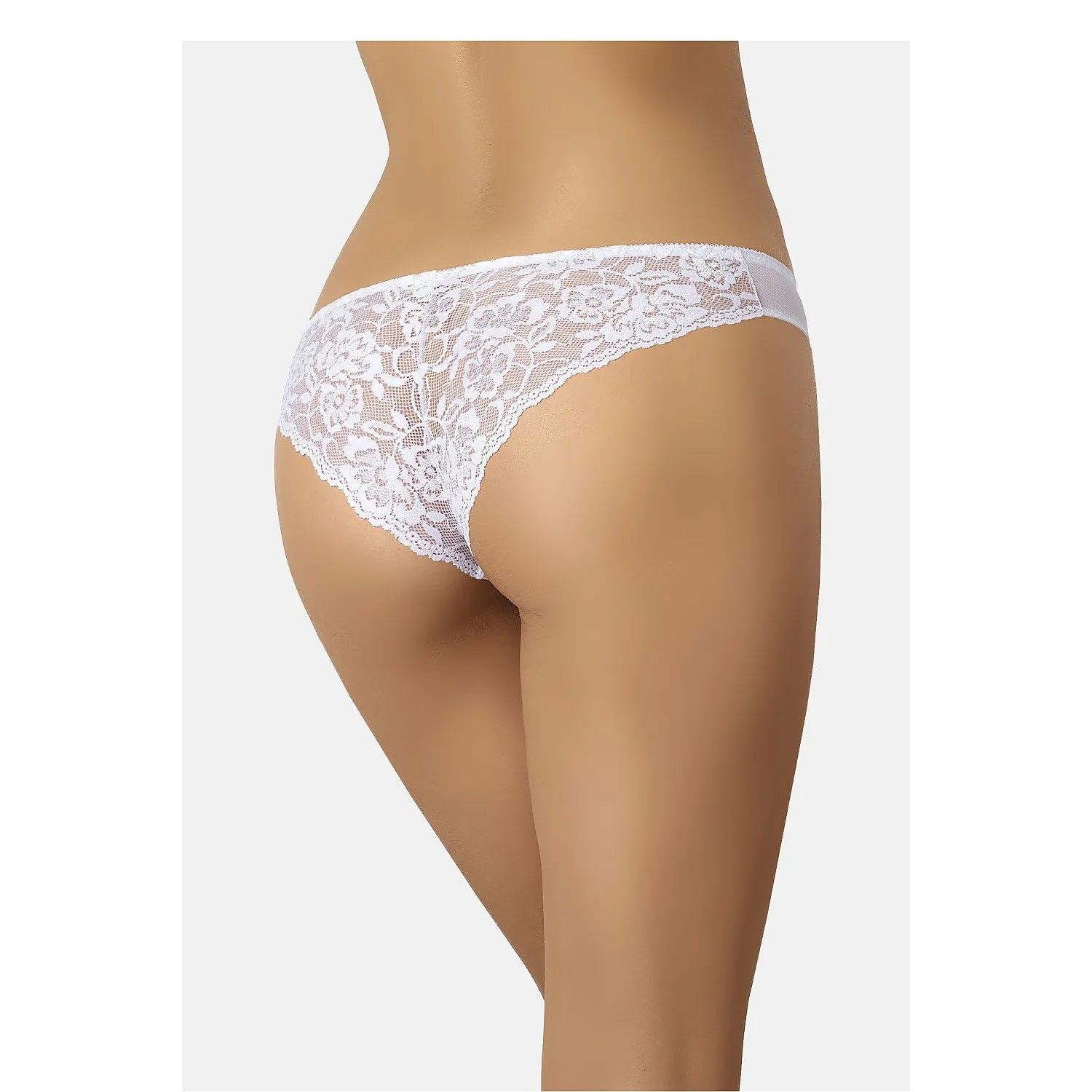 Culotte brésilienne en dentelle blanche avec motifs floraux, dos en dentelle, devant en tissu transparent, élastique délicat.