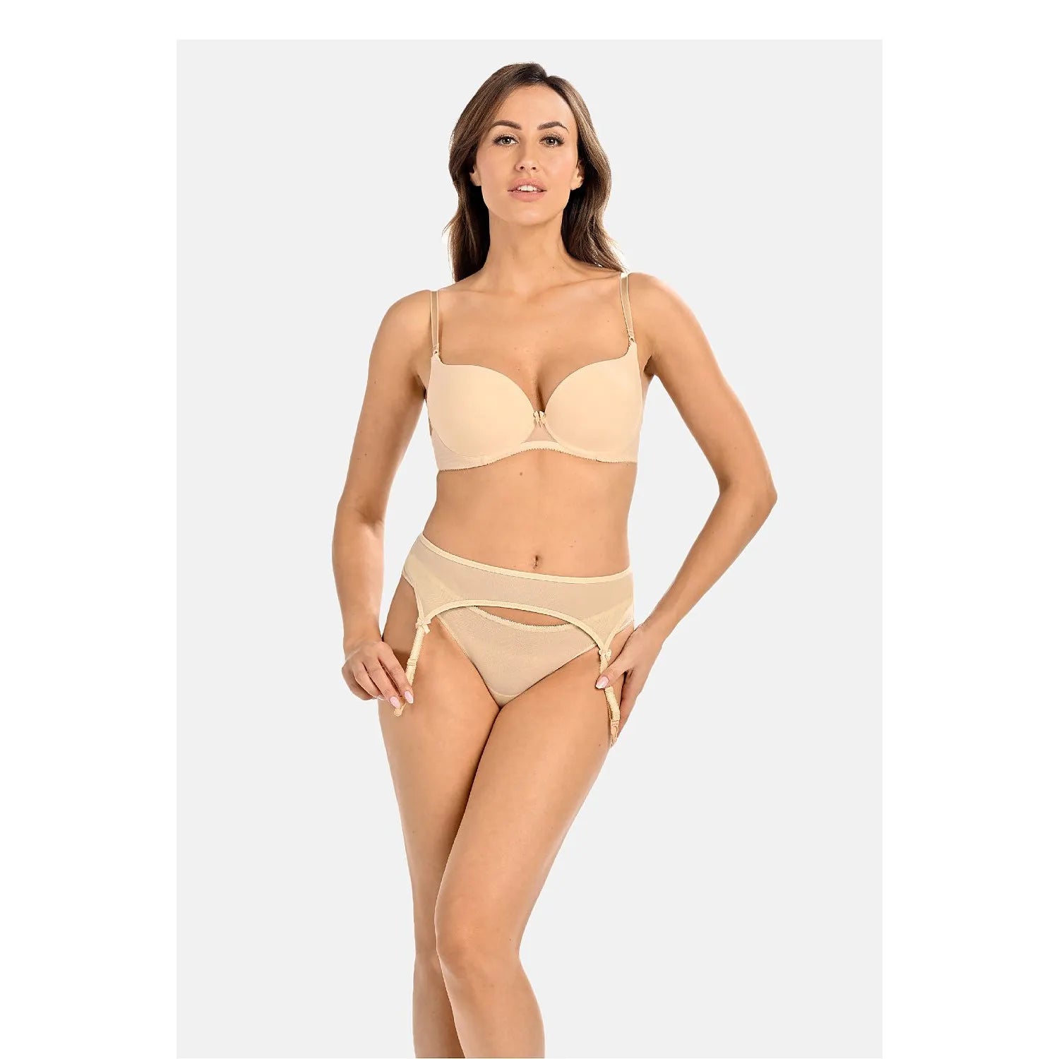 Ceinture porte-jarretelles beige Teyli 228838, filet transparent, crochets réglables, élégance et féminité.