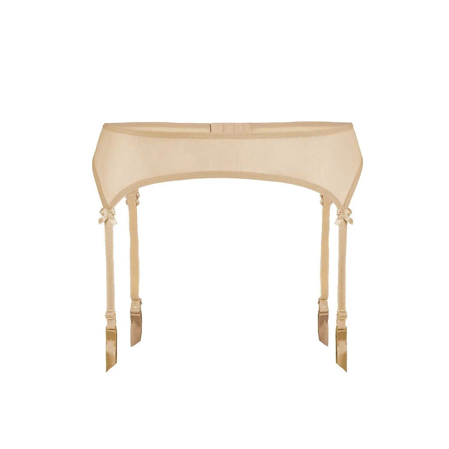 Ceinture porte-jarretelles beige en filet transparent ajustable, élégante et féminine, avec détails raffinés.