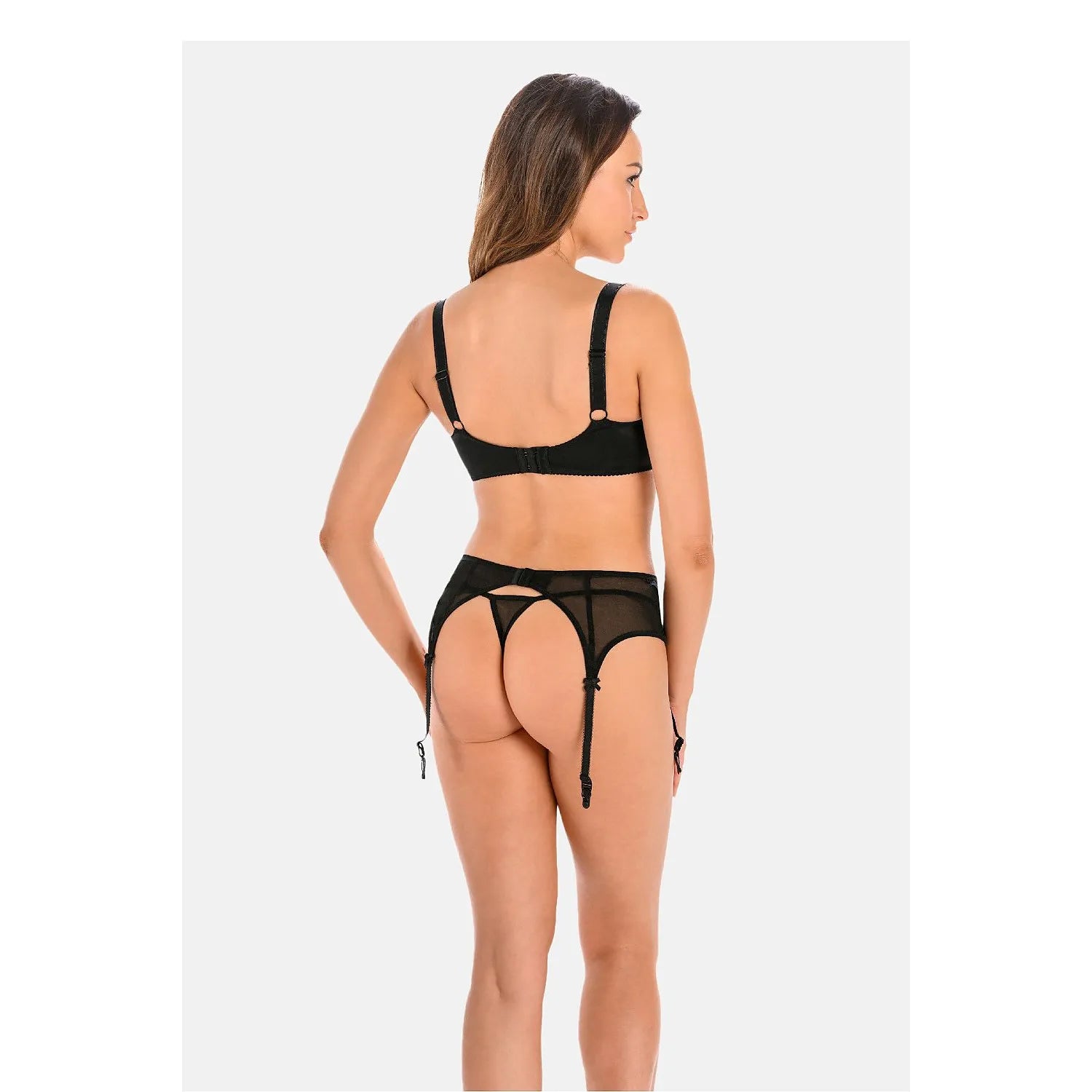 Porte-jarretelles noir en maille transparente et dentelle florale, modèle Teyli 228840, élégant et camouflant.