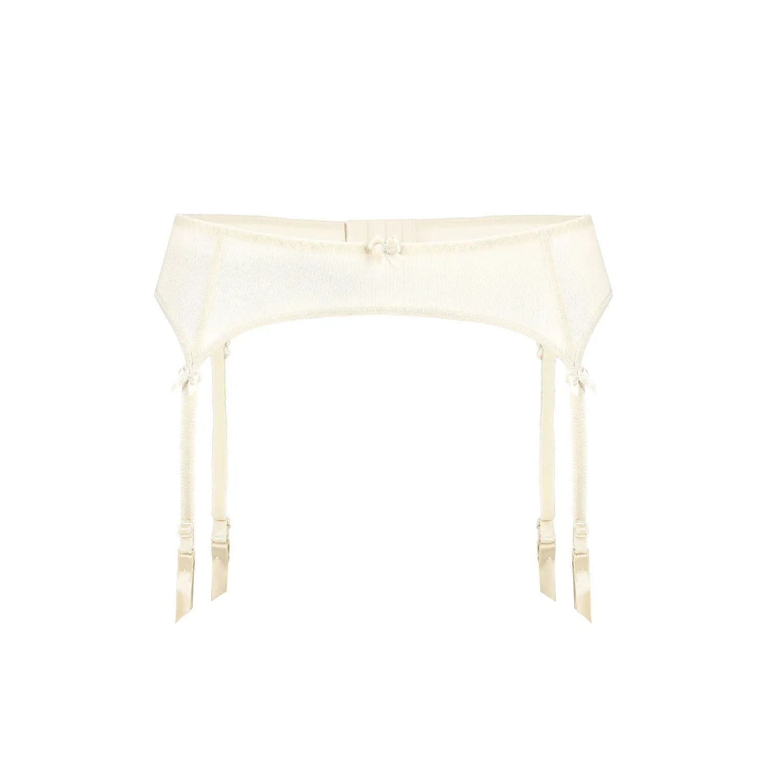 Ceinture porte-jarretelles écru en maille délicate avec nœuds satinés, fermeture réglable, style classique et élégant.