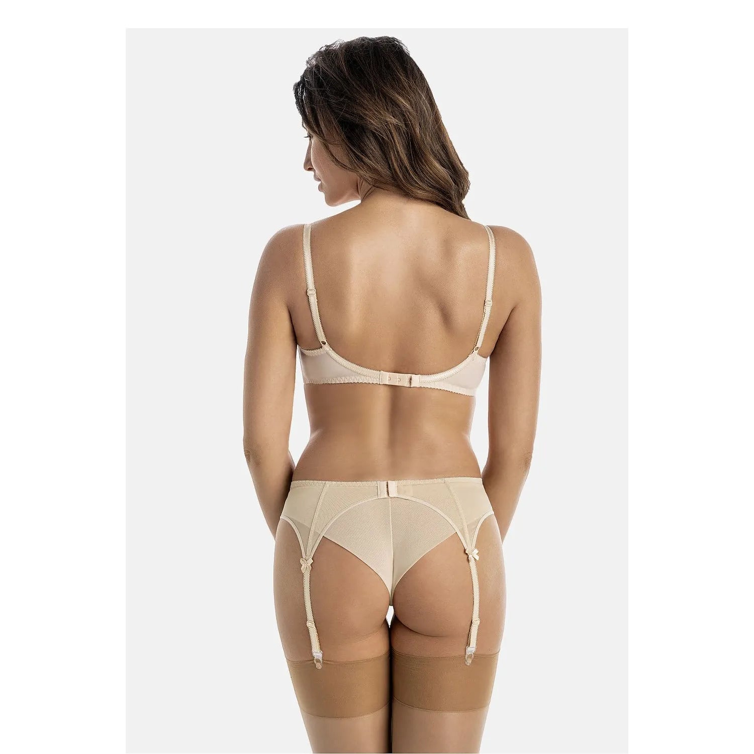 Ceinture jarretelles beige Teyli 228844, maille transparente, nœuds satin, ajustable, élégante et raffinée.