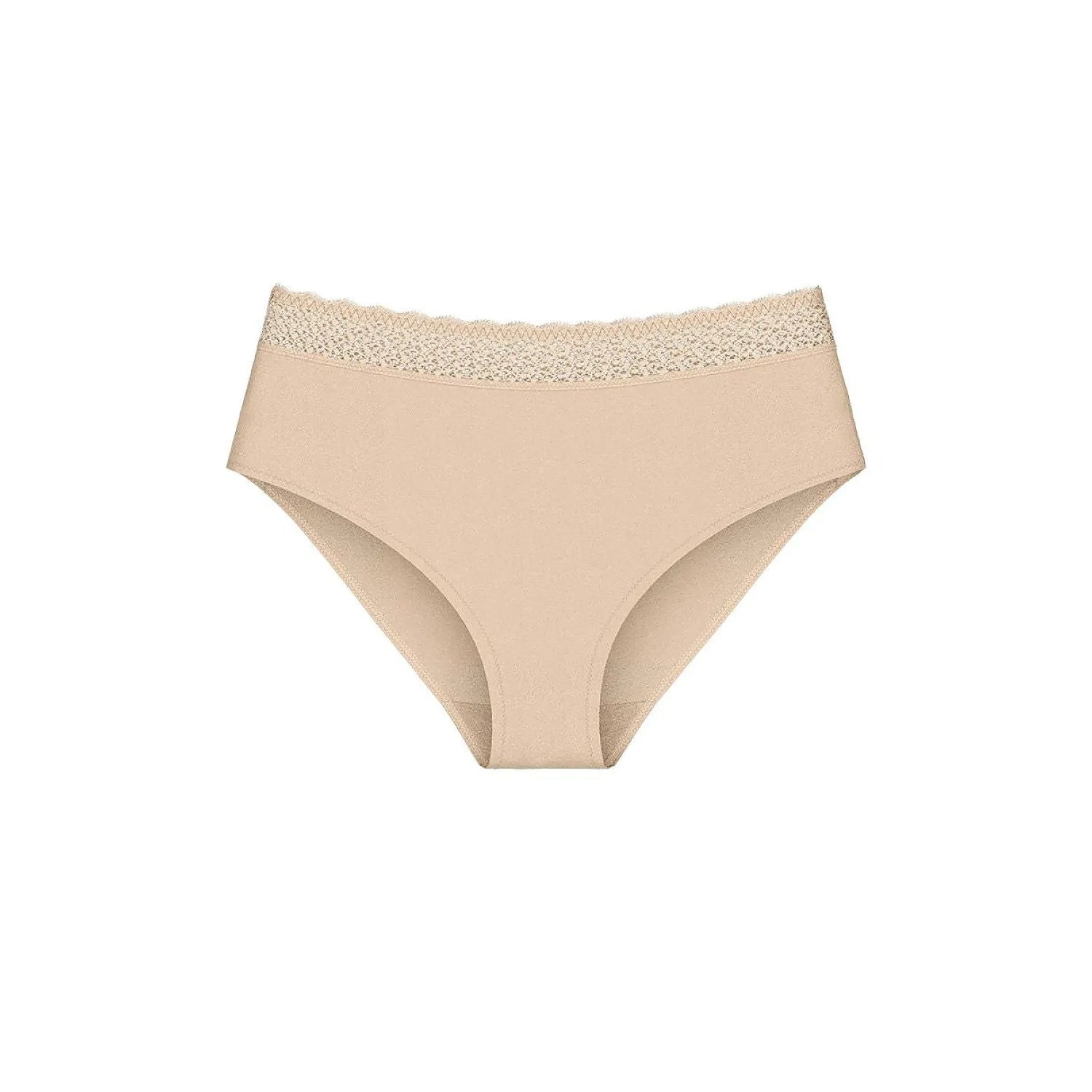 Culotte invisible beige en dentelle recyclée, soyeuse et légère, confort quotidien, élégante et discrète sous les vêtements.