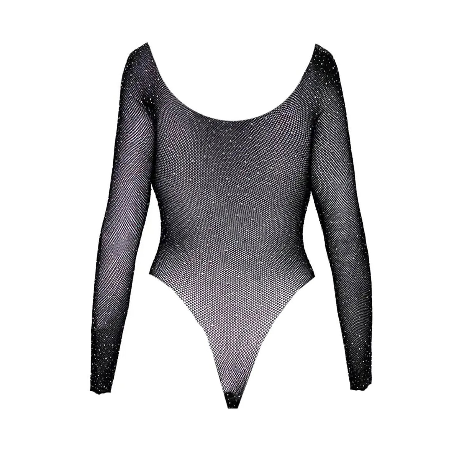 Body noir transparent Sparklissa avec cristaux, manches longues, coupe ajustée, édition limitée 20e anniversaire Obsessive.