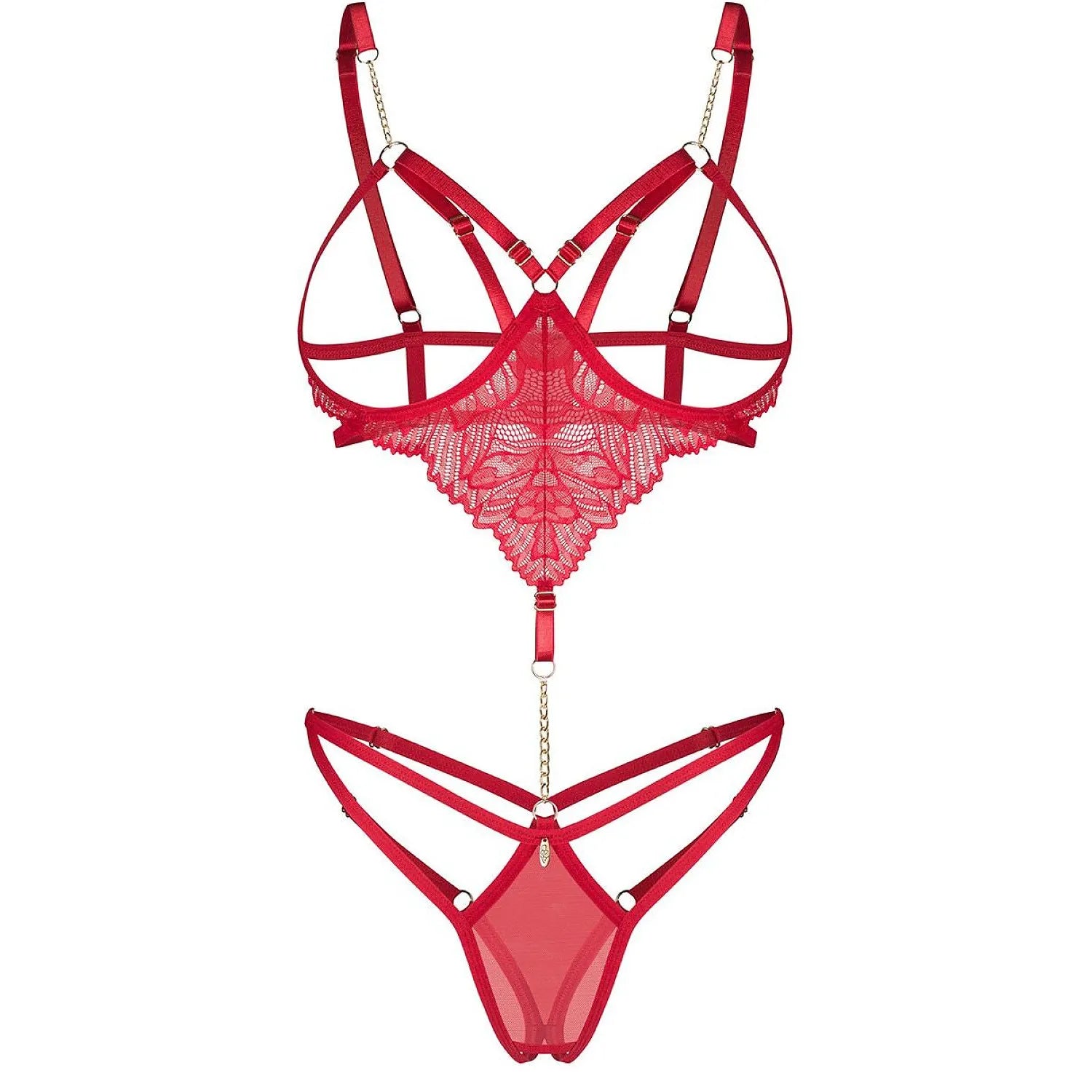 Body Matildea en dentelle et filet transparent, bonnets ouverts, chaîne bijou, élégant et sensuel pour femmes audacieuses.