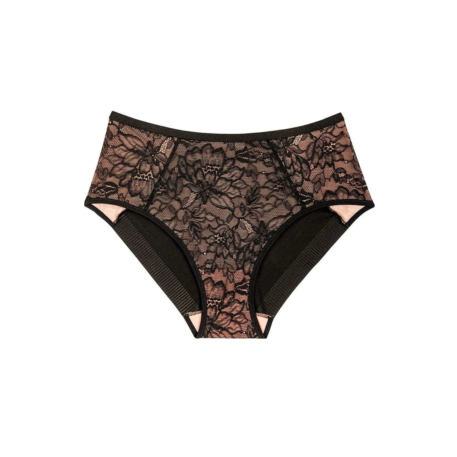 Culotte maxi Triumph noire avec dentelle florale délicate, taille haute, côtés larges, confort optimal et silhouette lissée.