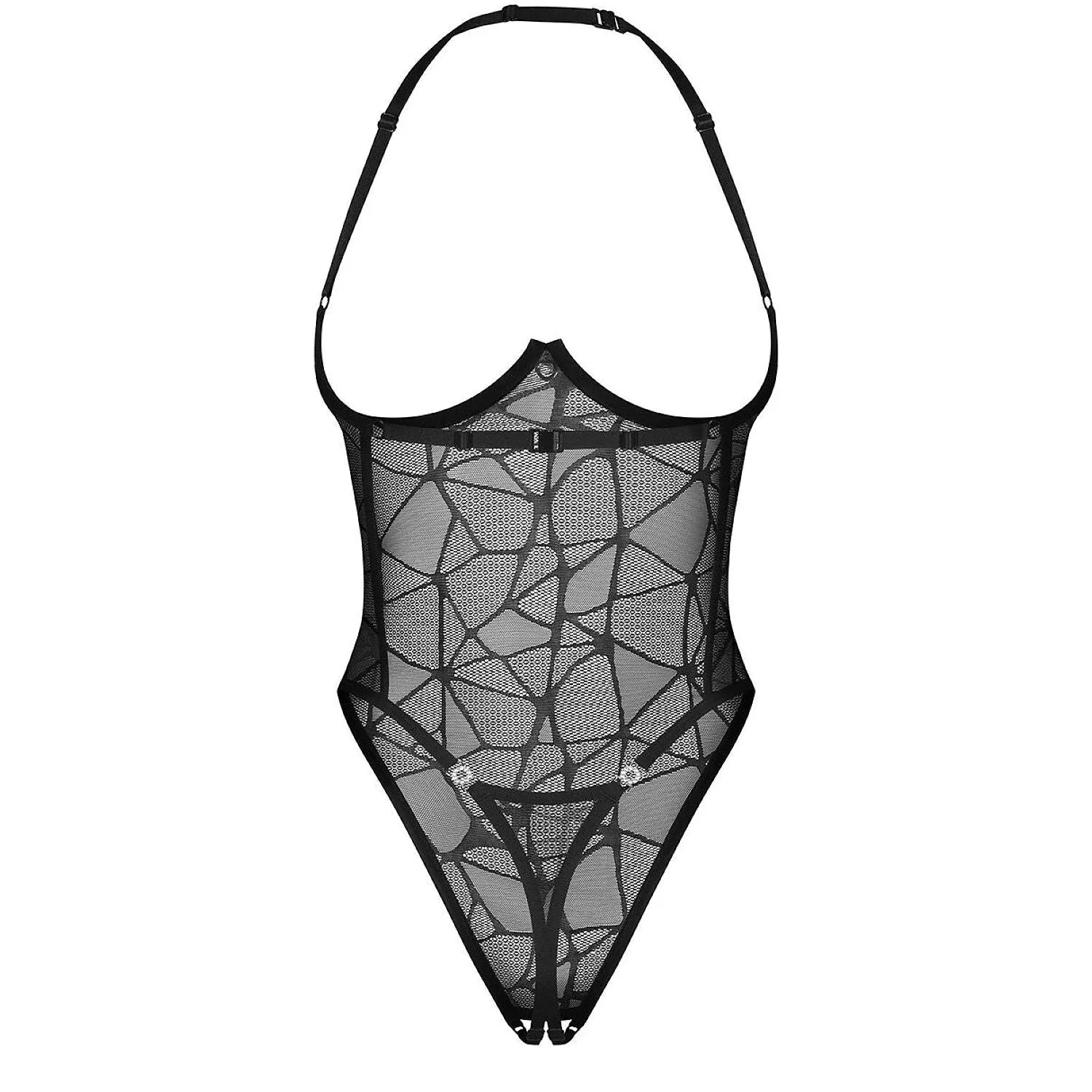 Body Olianna en maille transparente avec motif géométrique, buste dénudé sur armatures, style moderne et audacieux.