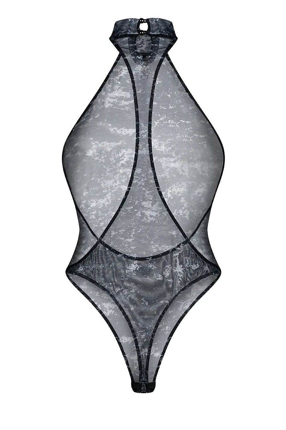 Body transparent marbré Obsessive, coupe ajustée, dos découvert, col roulé, style moderne et sensuel, allonge les jambes.