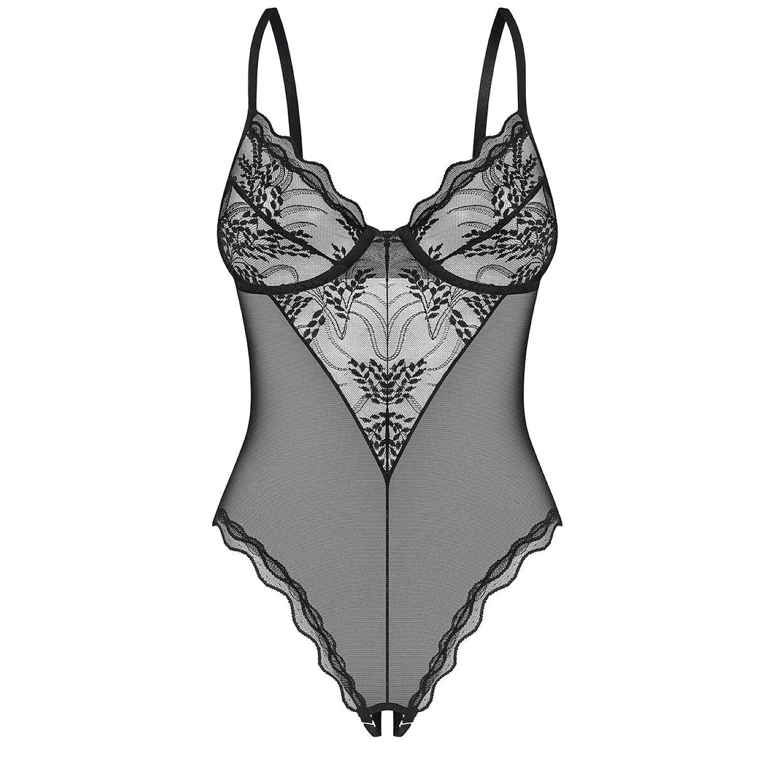 Body lingerie noir en dentelle et maille transparente, coupe sensuelle avec entrejambe ouvert, modèle Perisia Obsessive.