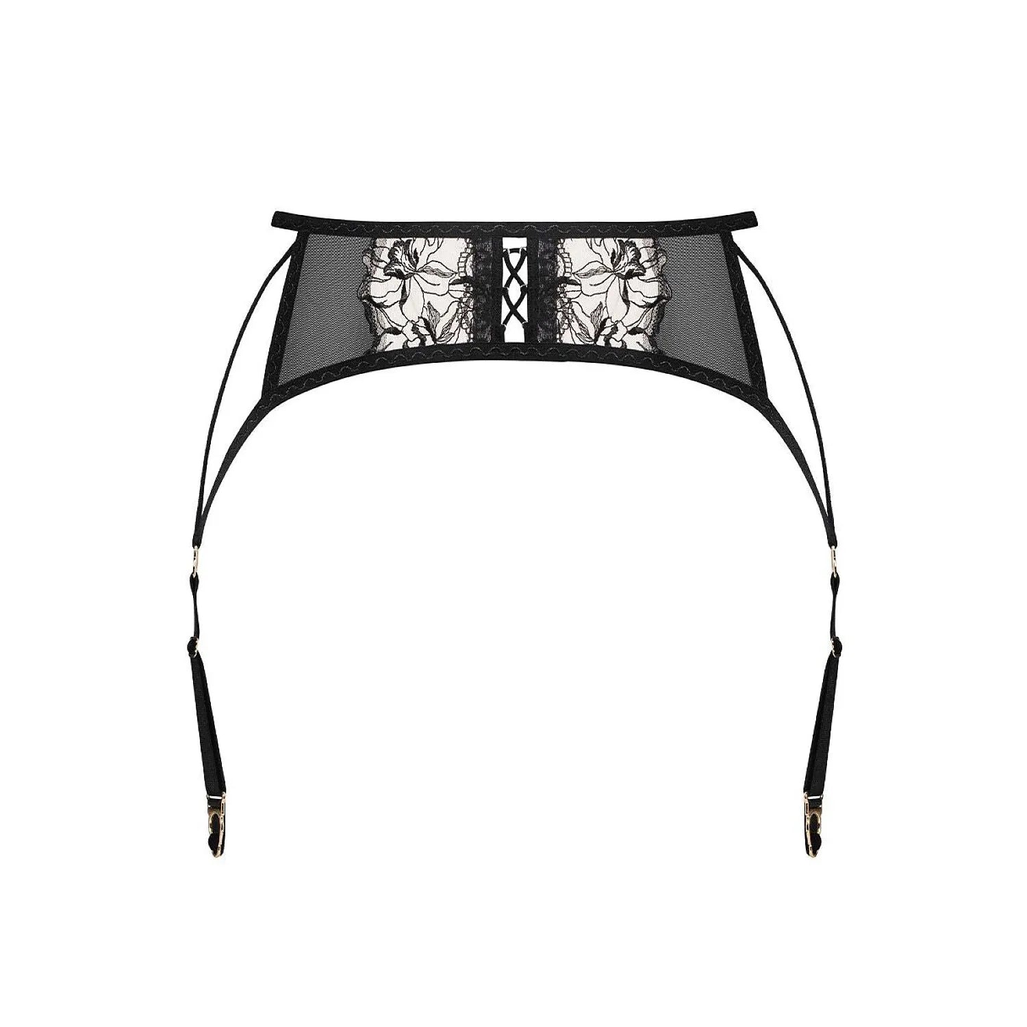 Ceinture jarretelles noire Vila Blanes, maille brodée florale, ajustable, élégante et sensuelle pour féminité raffinée.