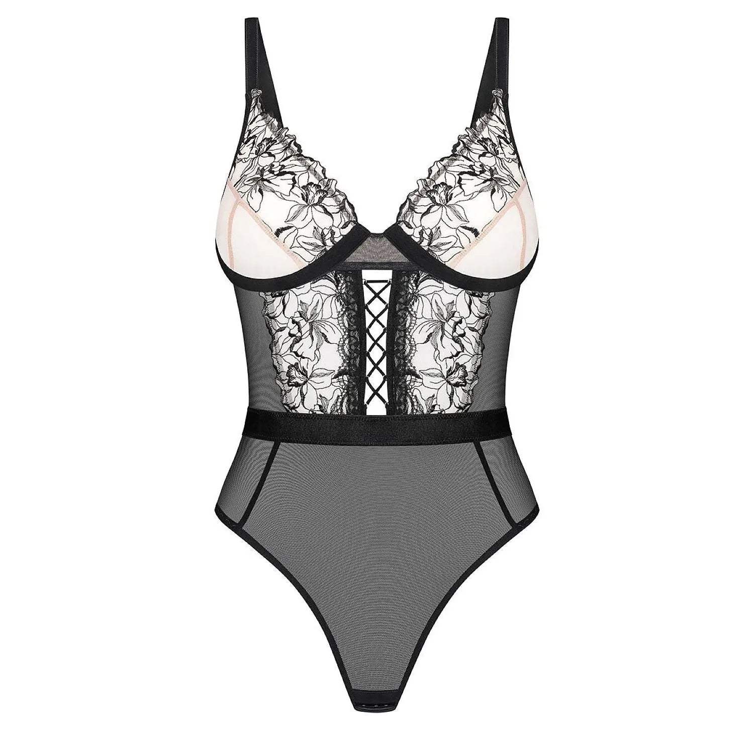 Body femme Vila Blanes noir, maille transparente, broderie florale élégante, design sensuel, silhouette raffinée.