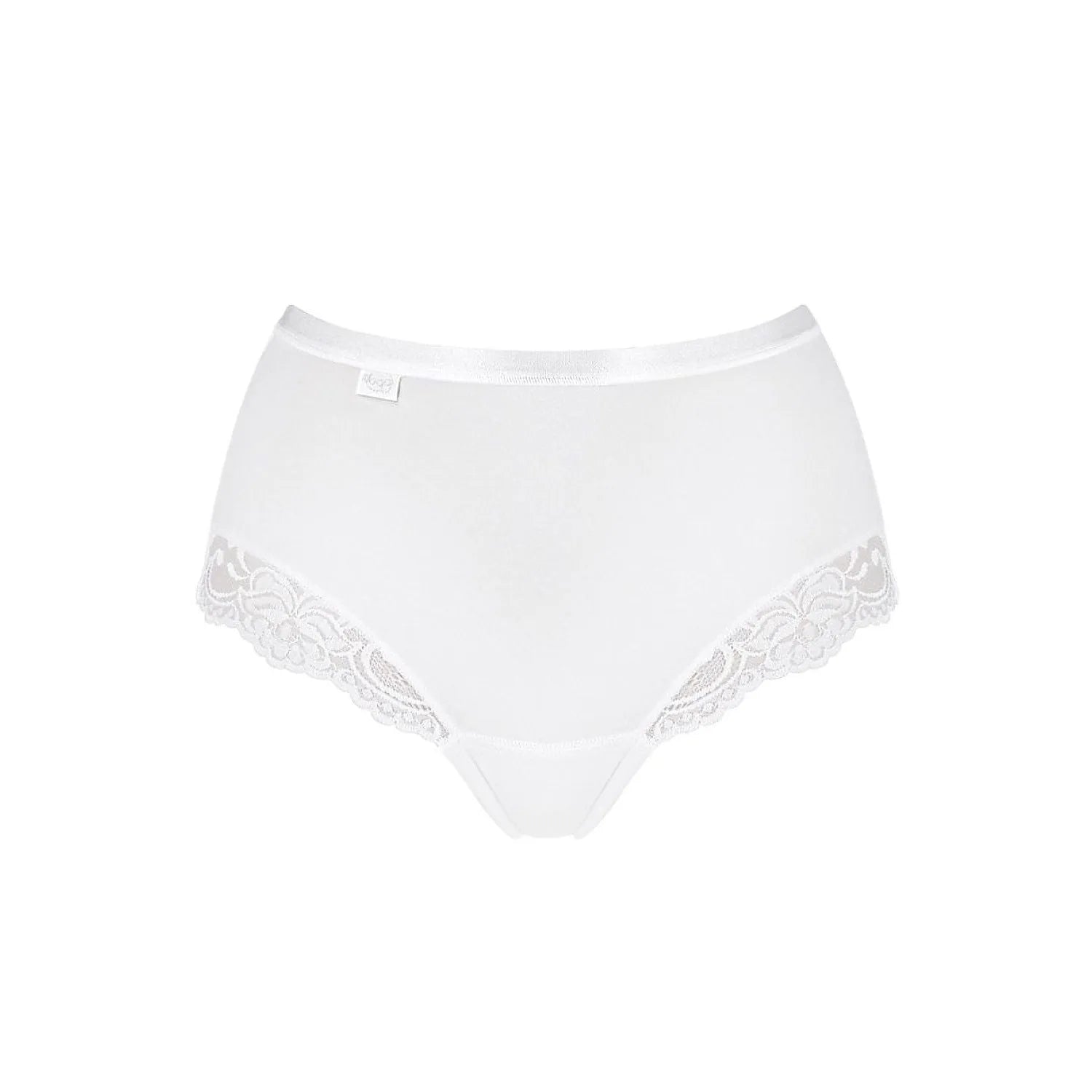 Culotte Sloggi Romance Maxi blanche, taille haute, dentelle délicate sur les côtés, coton Supima et microfibre brillante.