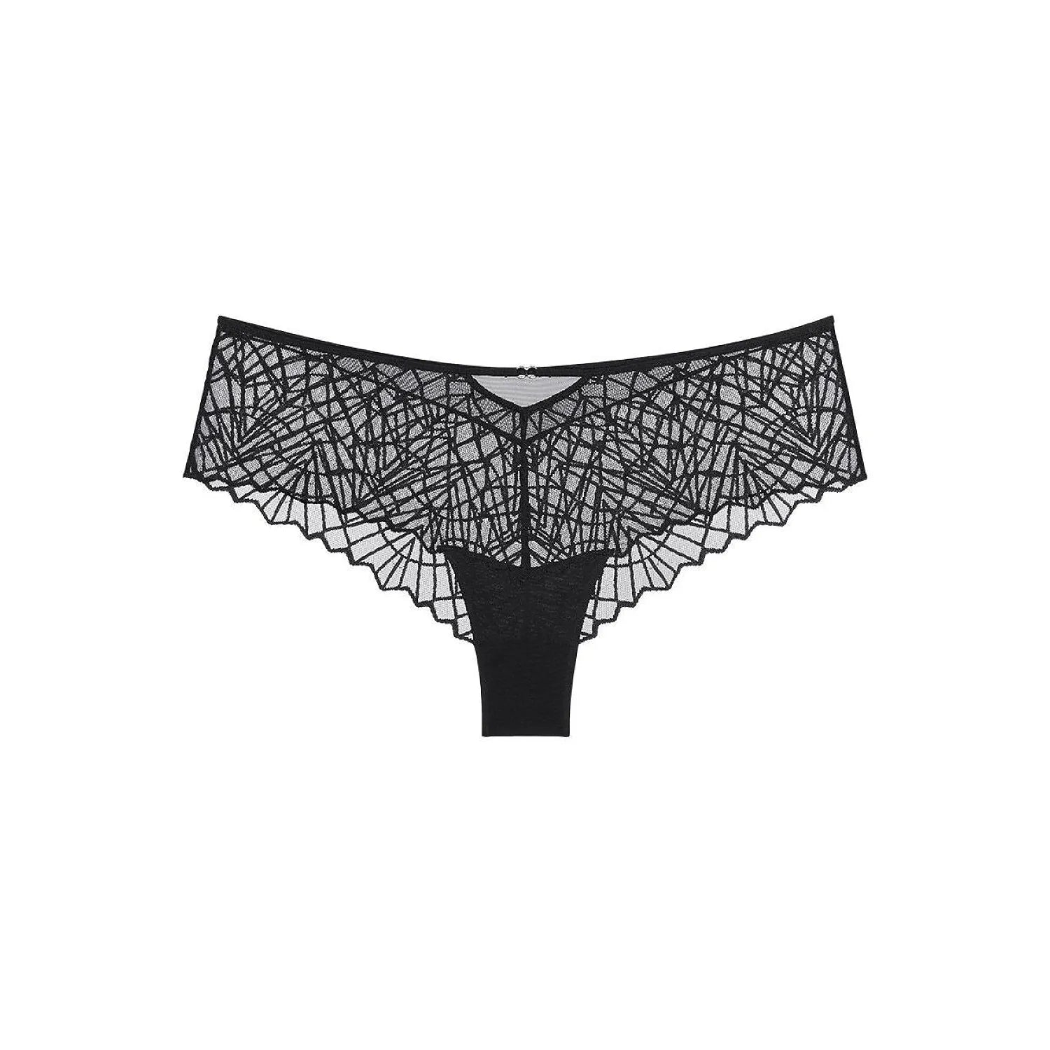 Culotte hipster noire Triumph 230039 en dentelle délicate et maille graphique, taille fine, allure moderne et sensuelle.