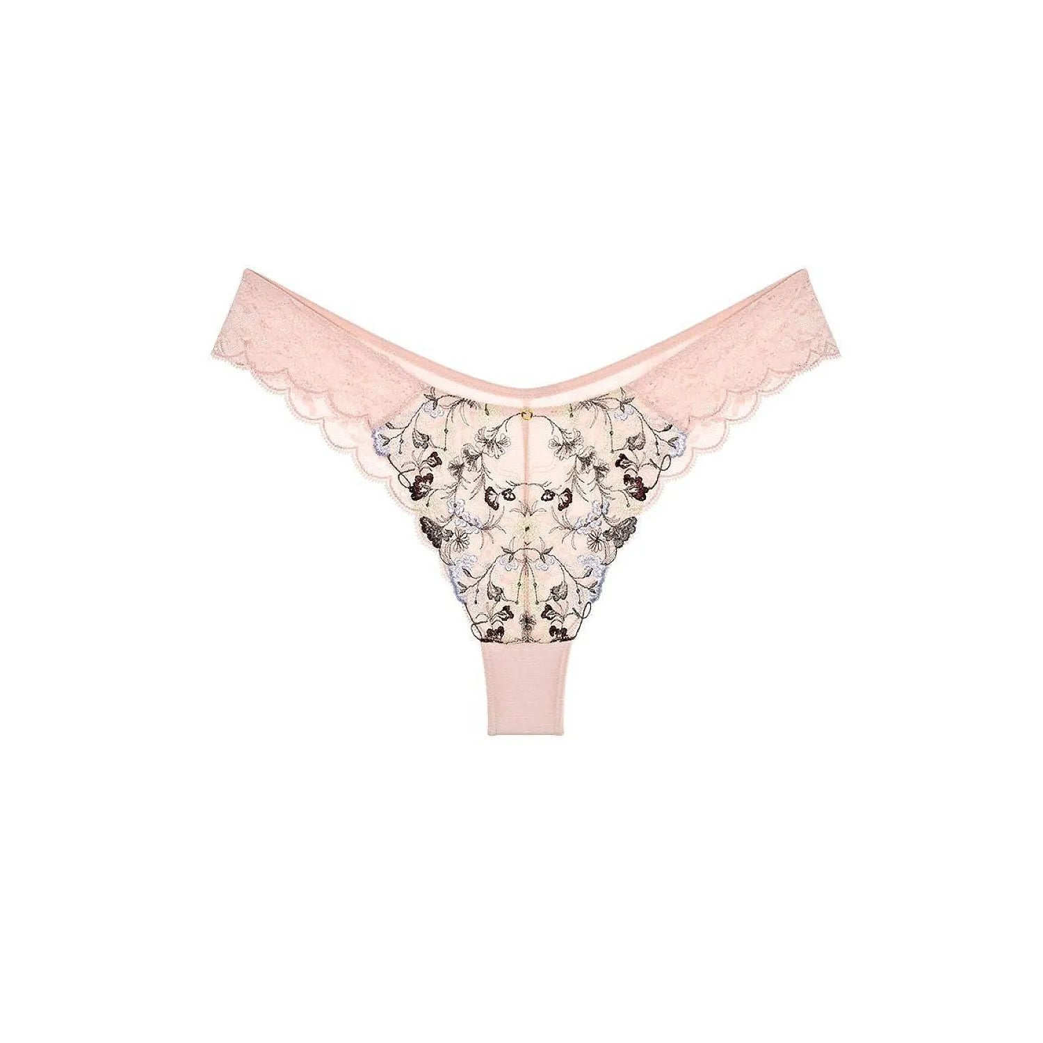 Culotte brésilienne Triumph rose avec broderie multicolore et dentelle, coupe haute élégante et raffinée.