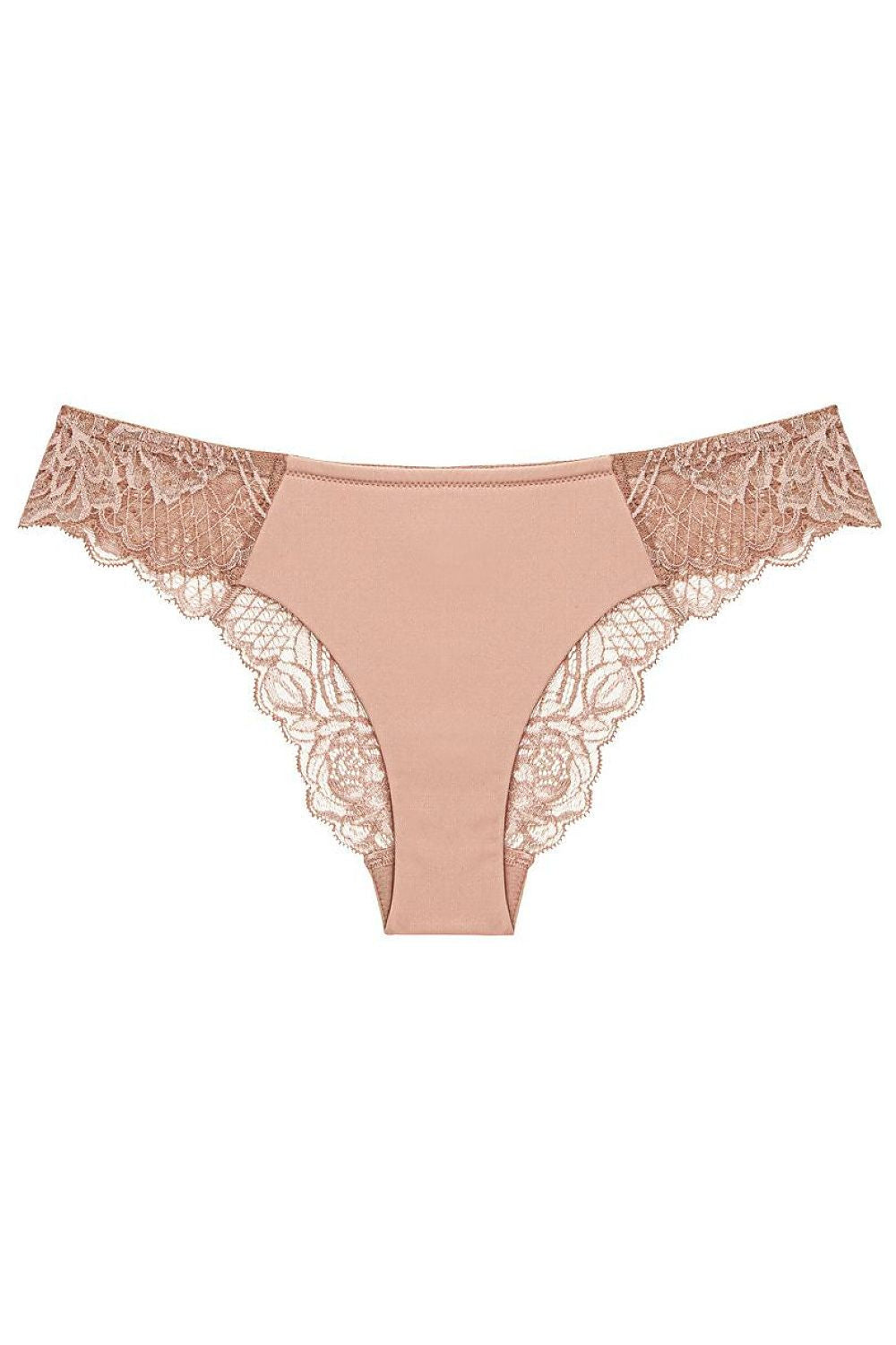 Culotte brésilienne Triumph beige avec dentelle florale délicate, taille ornée, dos en dentelle, coupe féminine élégante.