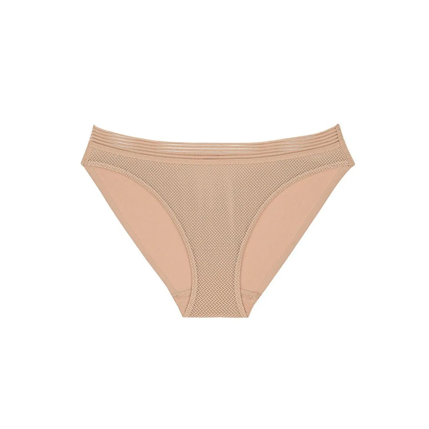 Culotte Triumph beige, bande élastique large, tulle délicat à l'avant, dos en microfibre douce, style moderne et féminin.